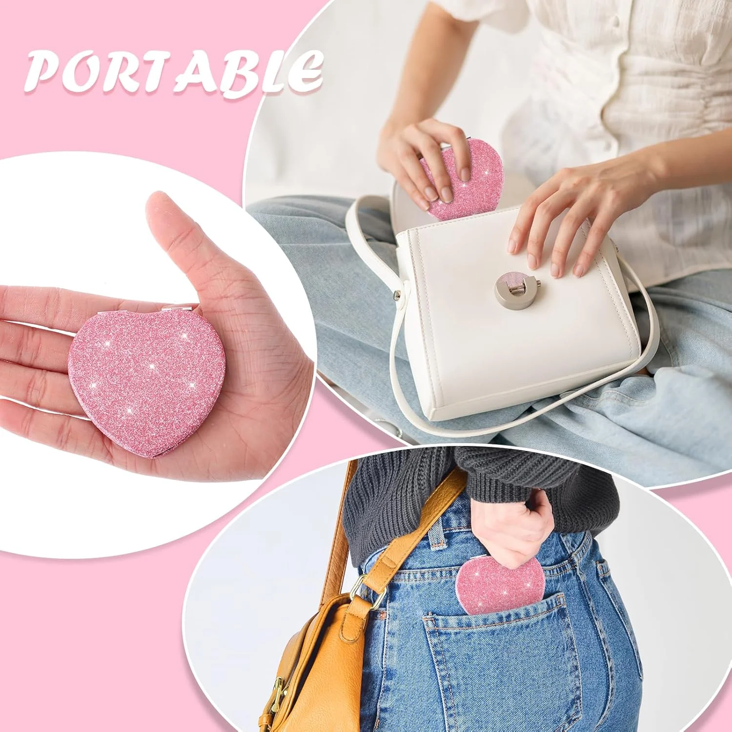 آینه جیبی تاشو قلبی شکل Mabor، آینه دو طرفه قابل حمل با بزرگنمایی 1x/2x، آینه کوچک و فانتزی برای کیف دستی، کیف پول، منزل و محل کار (صورتی)