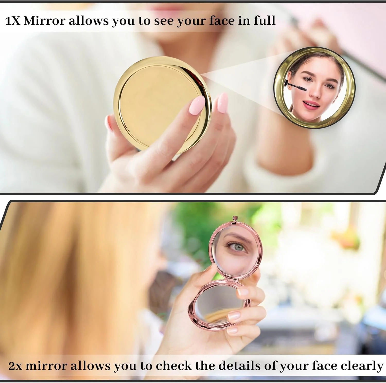 آینه جیبی LuckyOpt، آینه کیف دستی فلزی دو طرفه با آینه های بزرگنمایی 1x/2x، آینه گرد بدون اعوجاج برای زنان برای مسافرت، کیف دستی، کیف پول (رزگلد) آینه جیبی LuckyOpt، آینه کیف دستی فلزی دو طرفه با آینه های بزرگنمایی 1x/2x، آینه گرد بدون اعوجاج برای زنان برای مسافرت، کیف دستی، کیف پول (رزگلد)