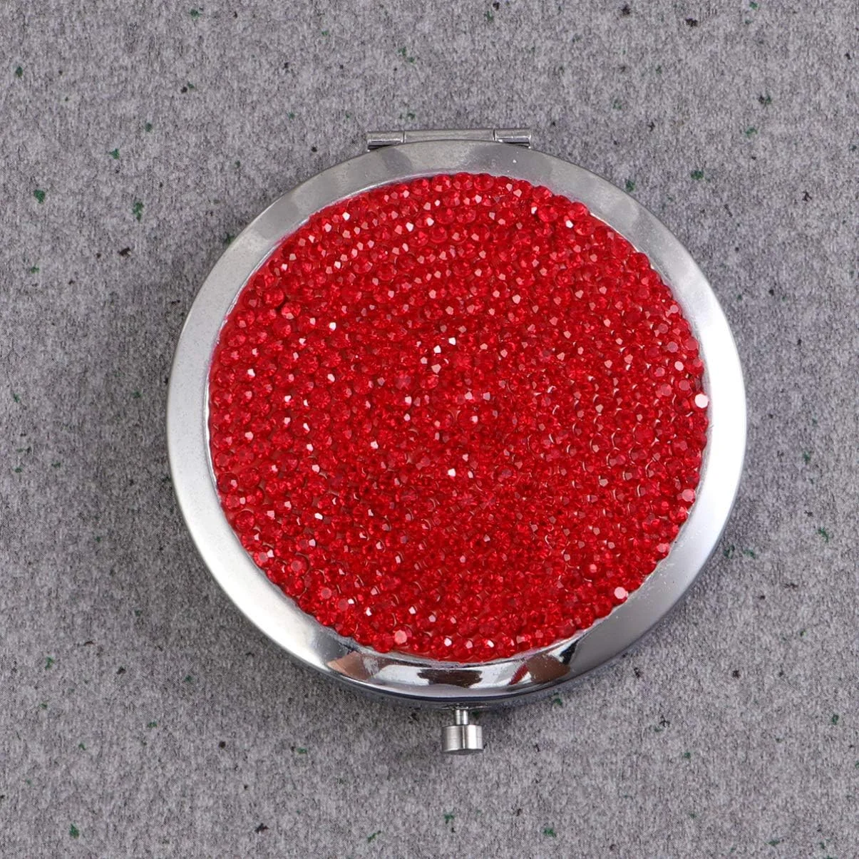 آینه جیبی تاشو Lurrose Bling، آینه آرایشی دو طرفه گرد، آینه قابل حمل با نگین های بدلیجات برای مسافرت و استفاده در منزل (قرمز)