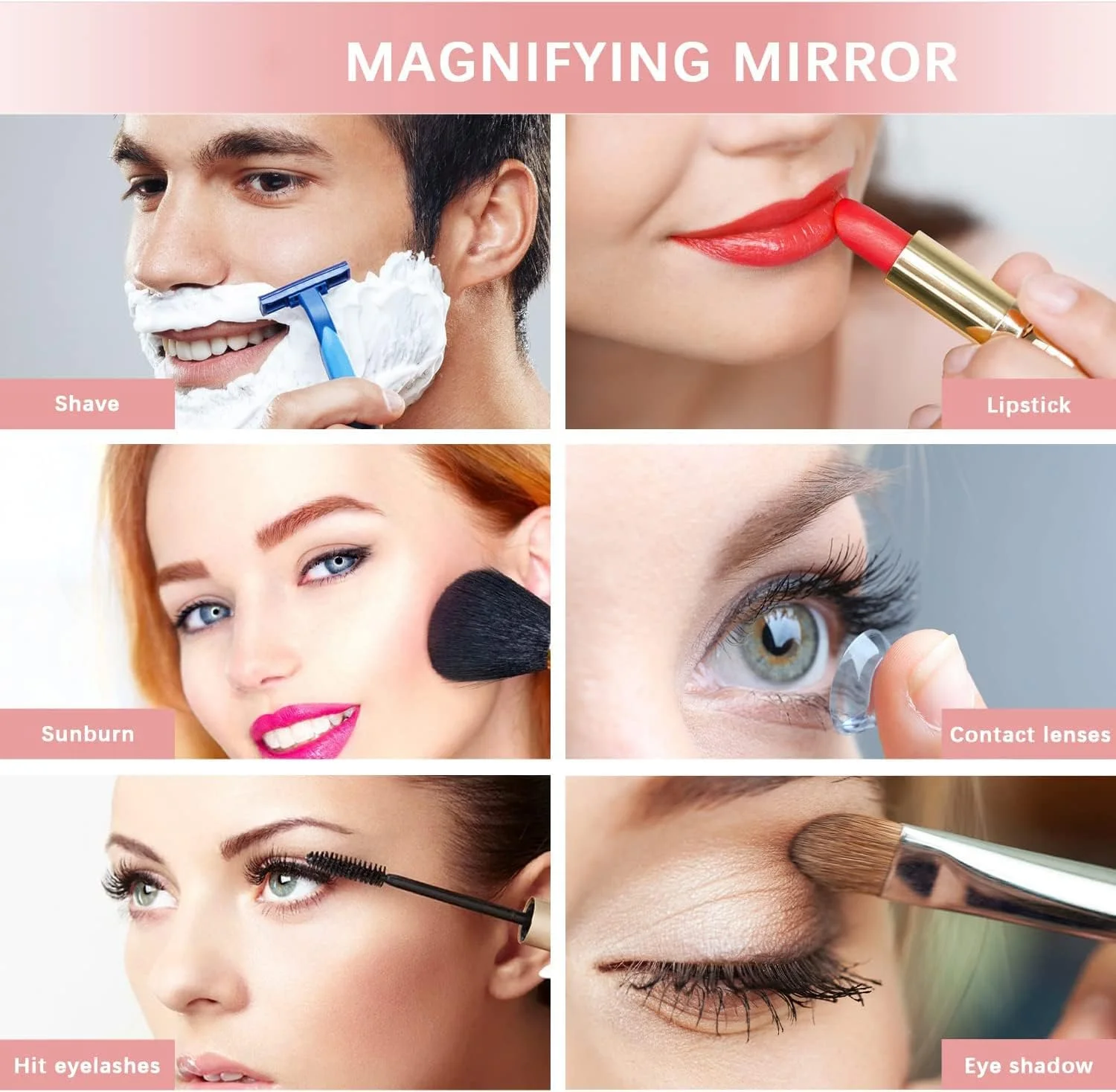 آینه آرایشی LED تاشو، دو طرفه، با بزرگنمایی 1x/10x، مناسب سفر، قابل حمل، گرد، با نور LED و شارژی (صورتی)