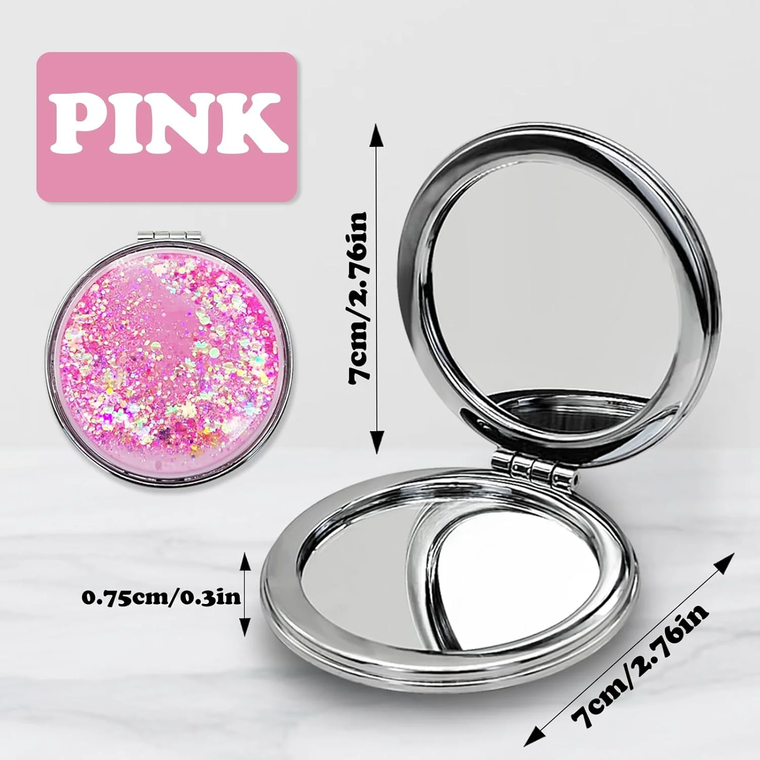 آینه جیبی فشرده LuckyOpt، آینه فلزی گرد با شن روان با بزرگنمایی 1X/2X، هدیه ای برای دختران و زنان (صورتی)
