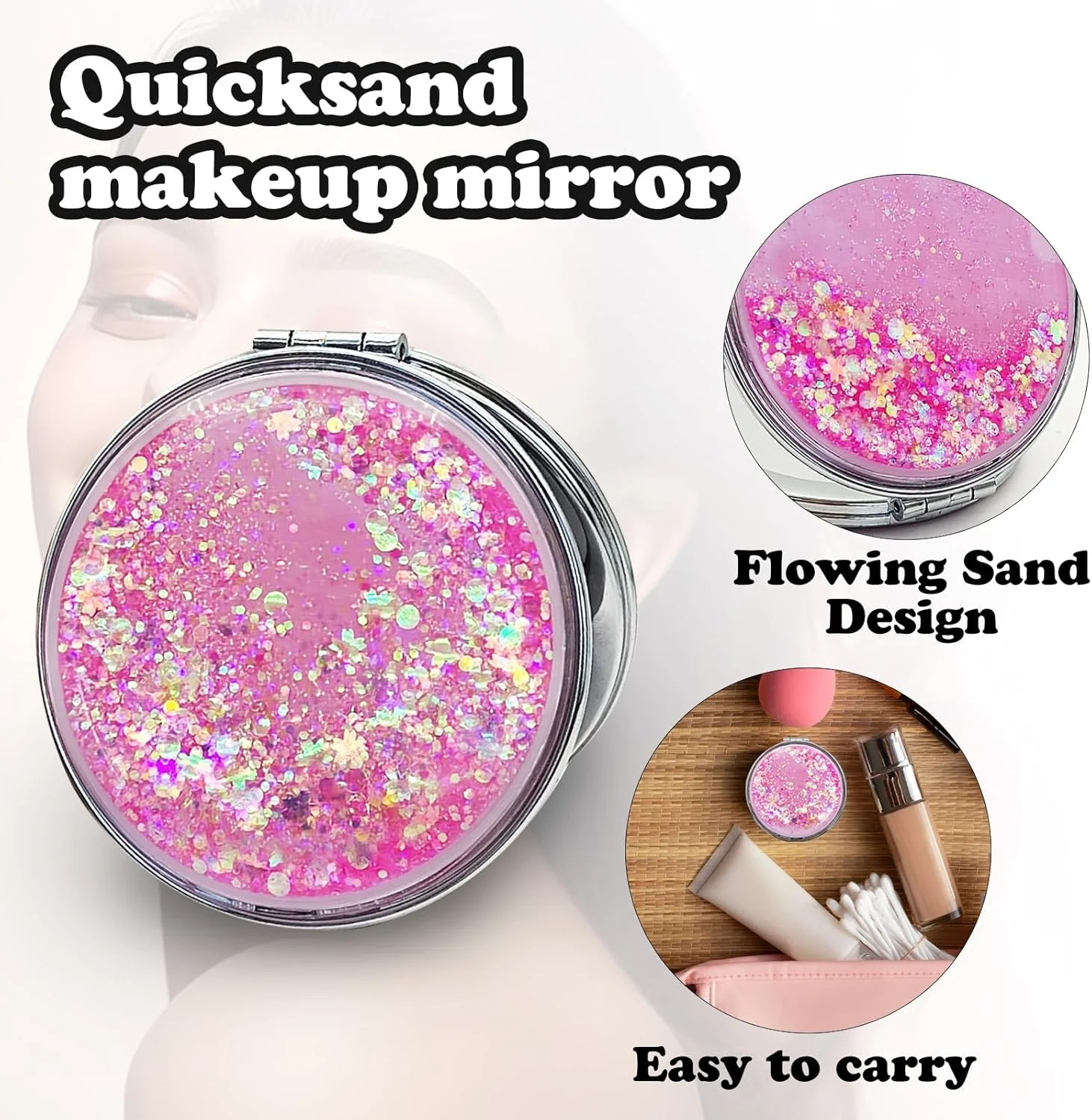 آینه جیبی فشرده LuckyOpt، آینه فلزی گرد با شن روان با بزرگنمایی 1X/2X، هدیه ای برای دختران و زنان (صورتی)