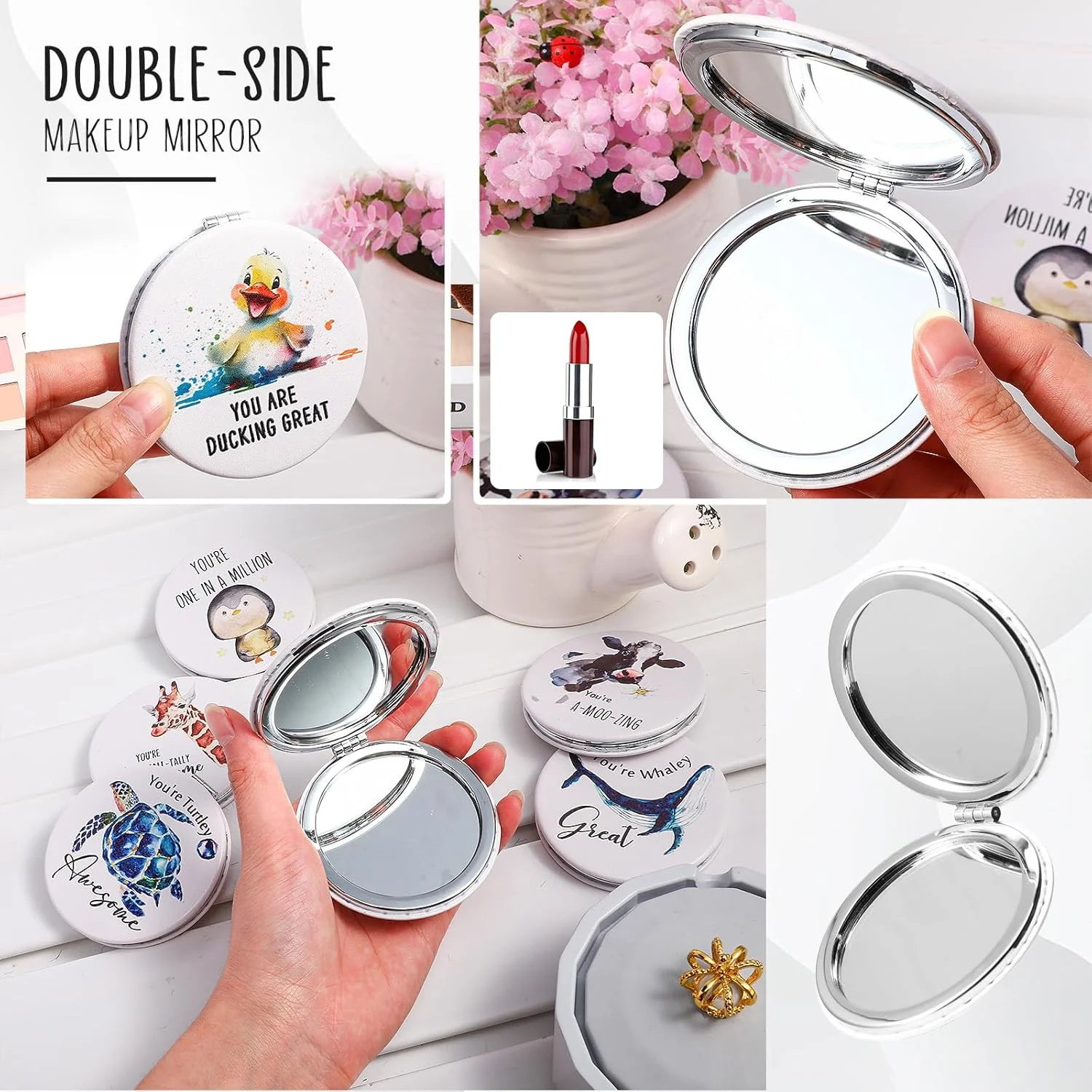 آینه های جیبی فشرده طرح دار لینووسن، بسته 6 عددی، هدیه تشکر برای زنان، طرح لاک پشت و اردک، آینه آرایشی کوچک الهام بخش برای قدردانی از معلمان، مسافرت، بزرگنمایی، مناسب همکاران، کارمندان، پرستاران، هدیه اداری و تجاری