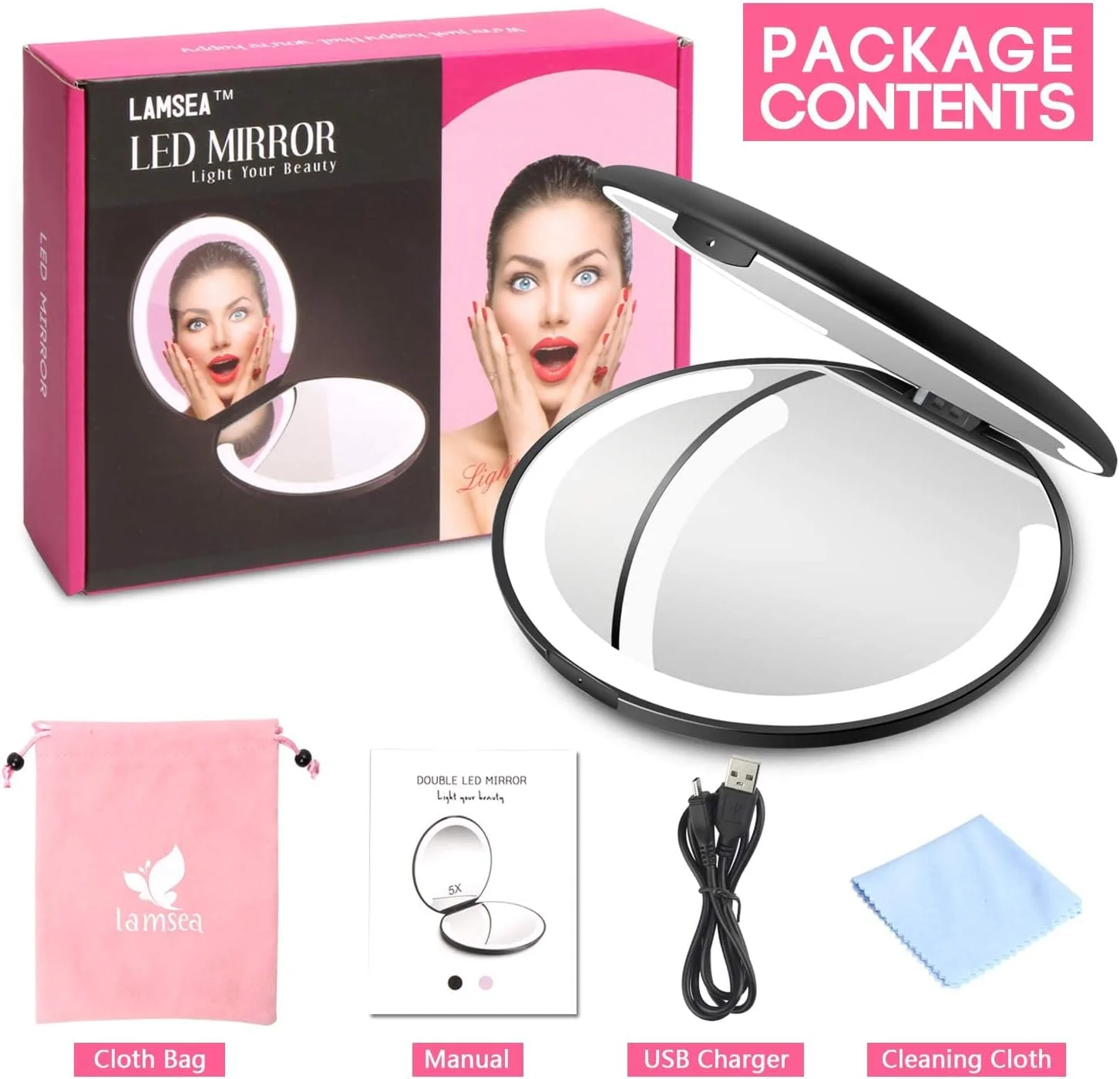 آینه آرایشی مسافرتی تاشو LED لامسه، آینه دو طرفه با چراغ، آینه رومیزی تاشو قابل حمل و جمع و جور، آینه جیبی دستی با بزرگنمایی 1x/5x