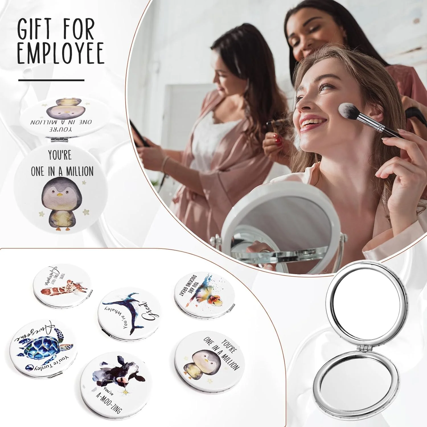 آینه های جیبی فشرده طرح دار لینووسن، بسته 6 عددی، هدیه تشکر برای زنان، طرح لاک پشت و اردک، آینه آرایشی کوچک الهام بخش برای قدردانی از معلمان، مسافرت، بزرگنمایی، مناسب همکاران، کارمندان، پرستاران، هدیه اداری و تجاری