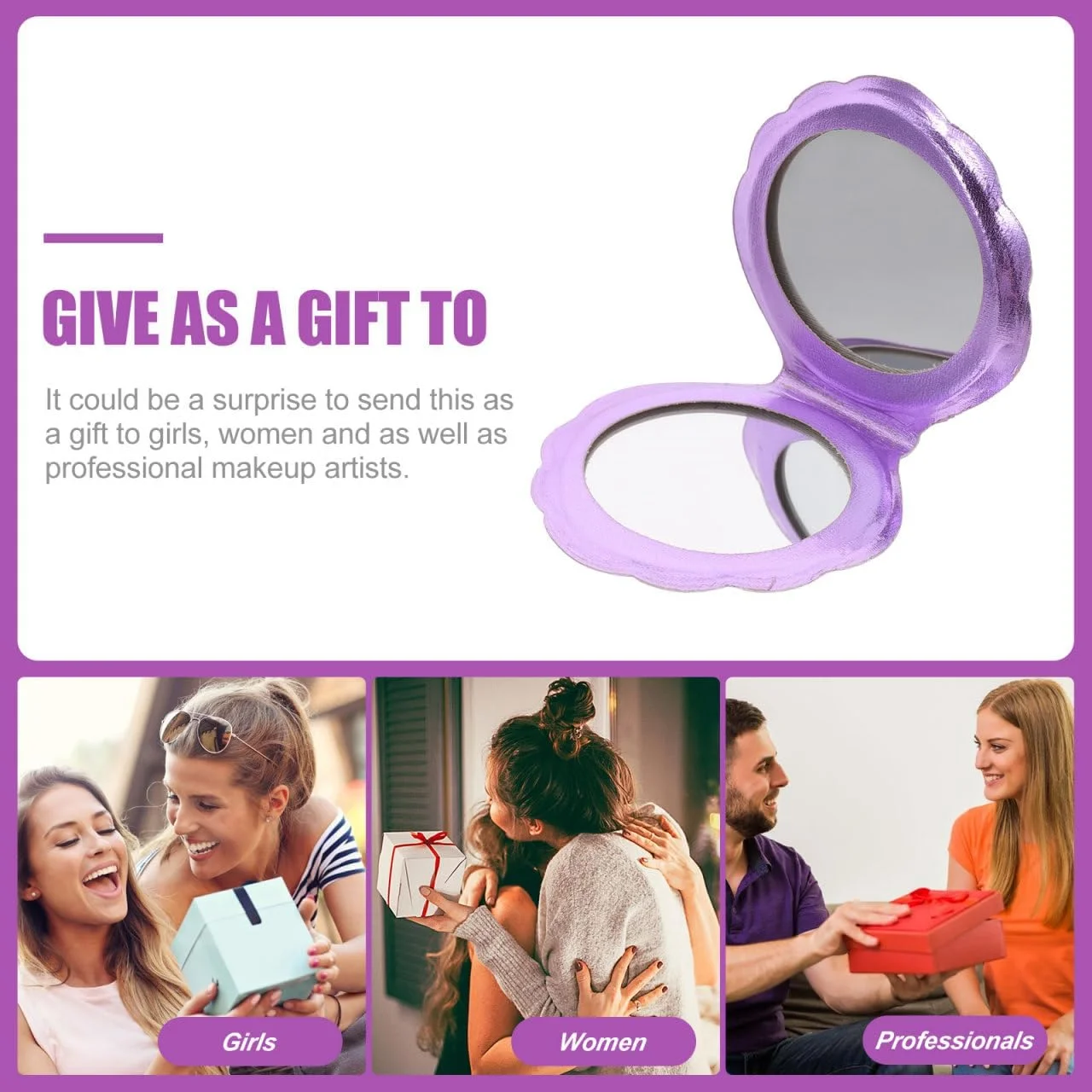 آینه آرایشی فشرده Lurrose، تاشو، دو طرفه، قابل حمل، هولوگرام، با روکش چرمی PU، طرح صدف، مناسب برای دختران، زنان و بانوان (بنفش)