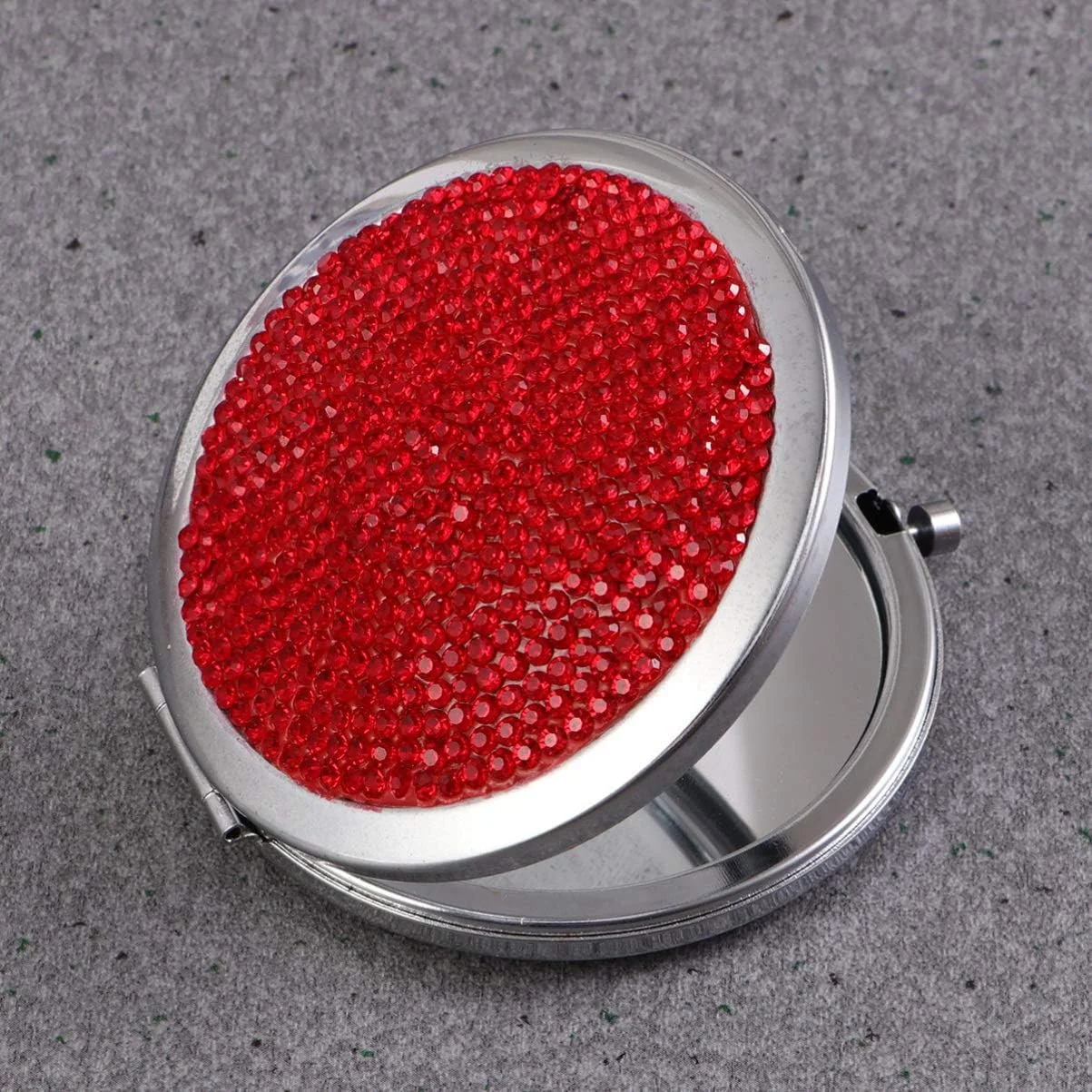 آینه جیبی تاشو Lurrose Bling، آینه آرایشی دو طرفه گرد، آینه قابل حمل با نگین های بدلیجات برای مسافرت و استفاده در منزل (قرمز)