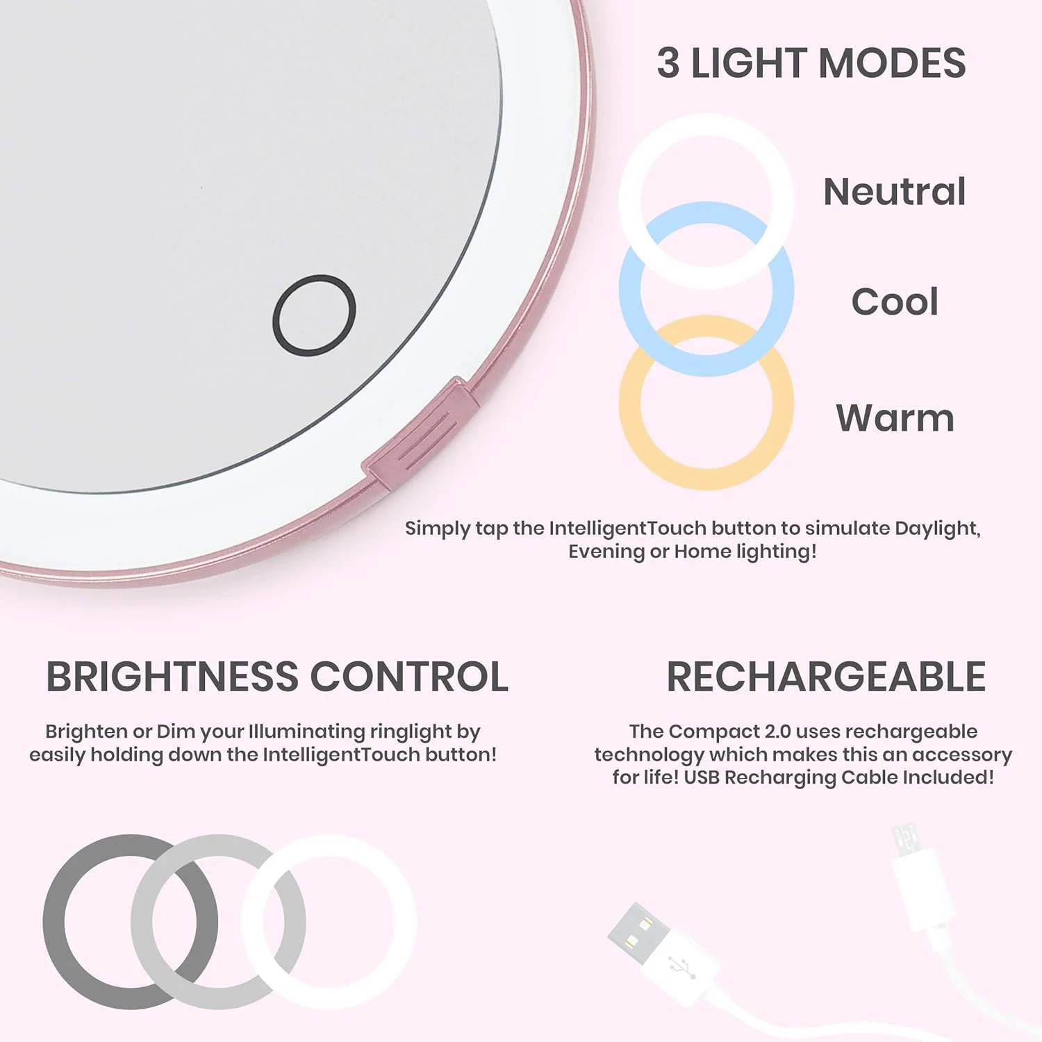 آینه مسافرتی جمع و جور لونا لندن | آینه آرایشی مسافرتی با نور | آینه روشنایی دار ال ای دی با 3 حالت نور | بزرگنمایی 7 برابر تاشو قابل حمل و شارژ (رزگلد)