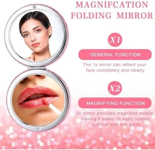 آینه آرایشی تاشو دو طرفه ام‌پوتک با طرح بنفش و فانتزی، آینه مسافرتی بزرگنمایی دار با اکلیل، آینه جیبی کوچک چرمی، آینه آرایشی قابل حمل با بزرگنمایی 2 و 1 برابر، آینه لوازم آرایشی مناسب هدیه