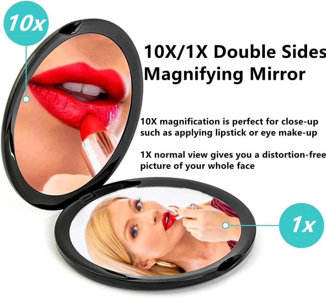 آینه آرایشی جیبی دو طرفه Mpowtech - بزرگنمایی 1x/10x، آینه مسافرتی 4 اینچی، آینه دستی کوچک