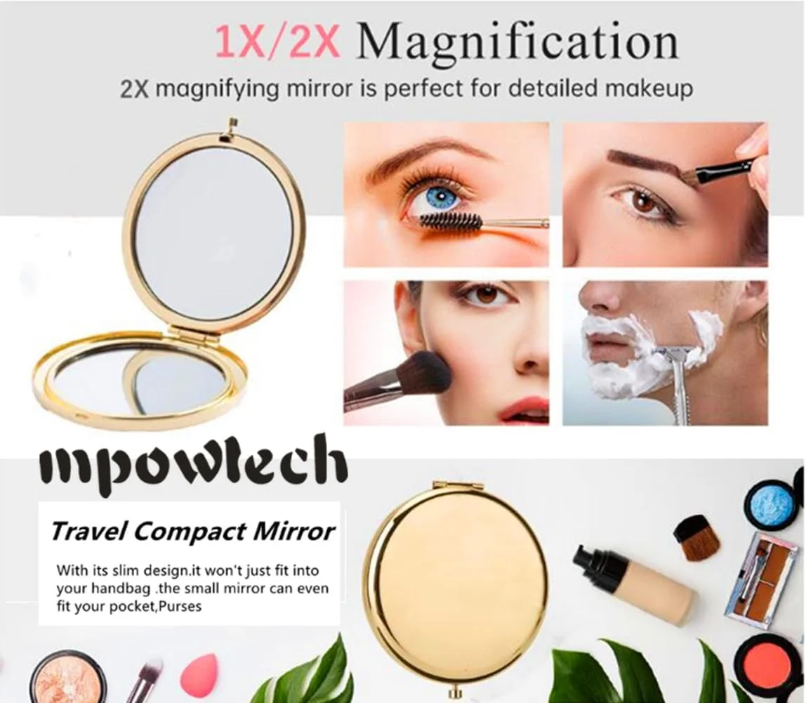 آینه جیبی تاشو طلایی Mpowtech - آینه آرایشی دو طرفه با بزرگنمایی 1x/2x، آینه کوچک 2.76 اینچی، مناسب کیف دستی، هدیه و لوازم ضروری سفر