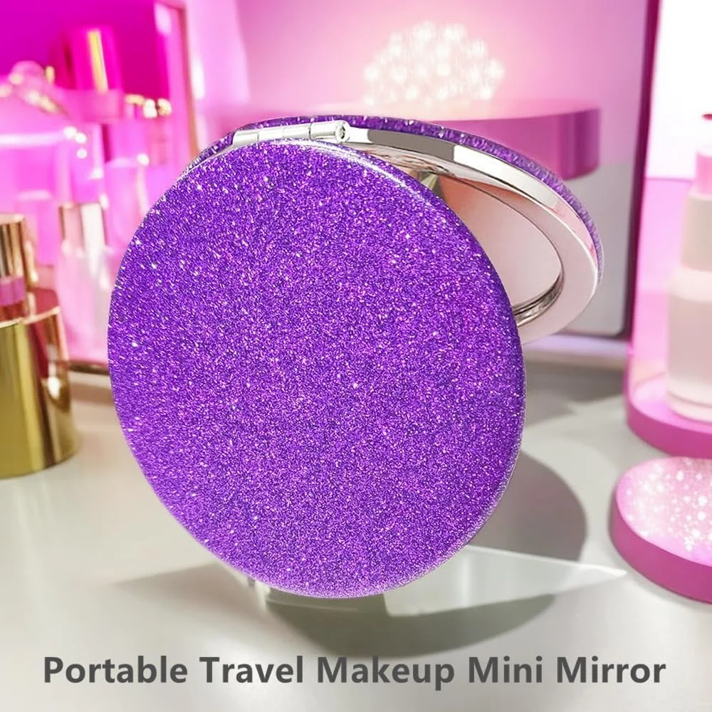 آینه آرایشی تاشو دو طرفه ام‌پوتک با طرح بنفش و فانتزی، آینه مسافرتی بزرگنمایی دار با اکلیل، آینه جیبی کوچک چرمی، آینه آرایشی قابل حمل با بزرگنمایی 2 و 1 برابر، آینه لوازم آرایشی مناسب هدیه