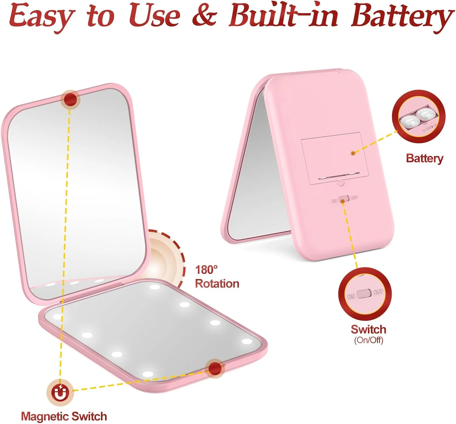 آینه جیبی MOXYOY، آینه فشرده LED با بزرگنمایی 1X/3X و باتری داخلی، قابل حمل، دستی، آینه آرایشی تاشو مسافرتی برای کیف پول، مسافرت و استفاده روزانه، ایده آل برای هدیه دادن، صورتی آینه جیبی MOXYOY، آینه فشرده LED با بزرگنمایی 1X/3X و باتری داخلی، قابل حمل، دستی، آینه آرایشی تاشو مسافرتی برای کیف پول، مسافرت و استفاده روزانه، ایده آل برای هدیه دادن، صورتی