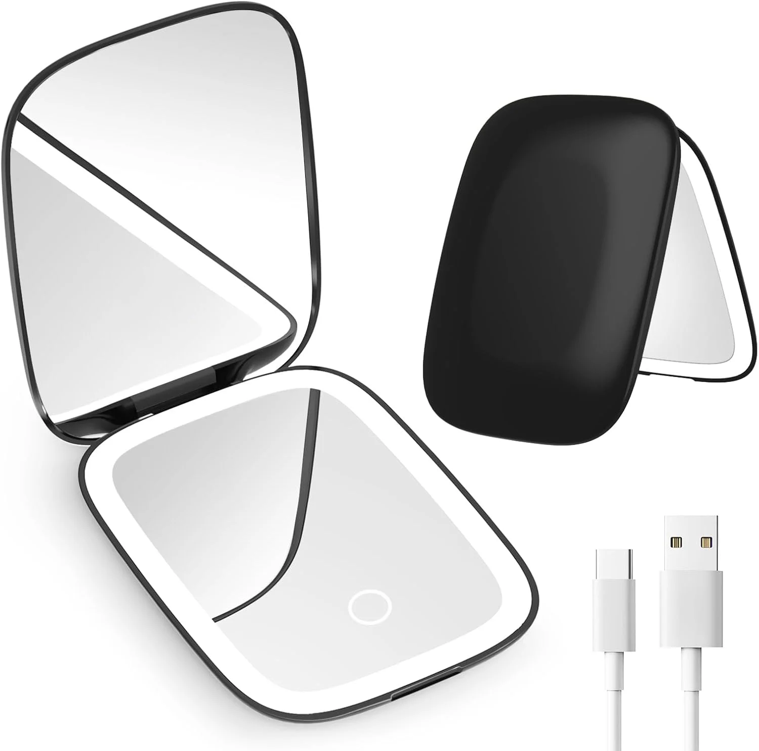 آینه آرایشی مسافرتی شارژی Mopis با نور 3 رنگ، آینه کوچک LED جمع و جور با بزرگنمایی 1X/3X برای کیف دستی، هدیه های ضروری مسافرتی برای دختران و زنان - مشکی