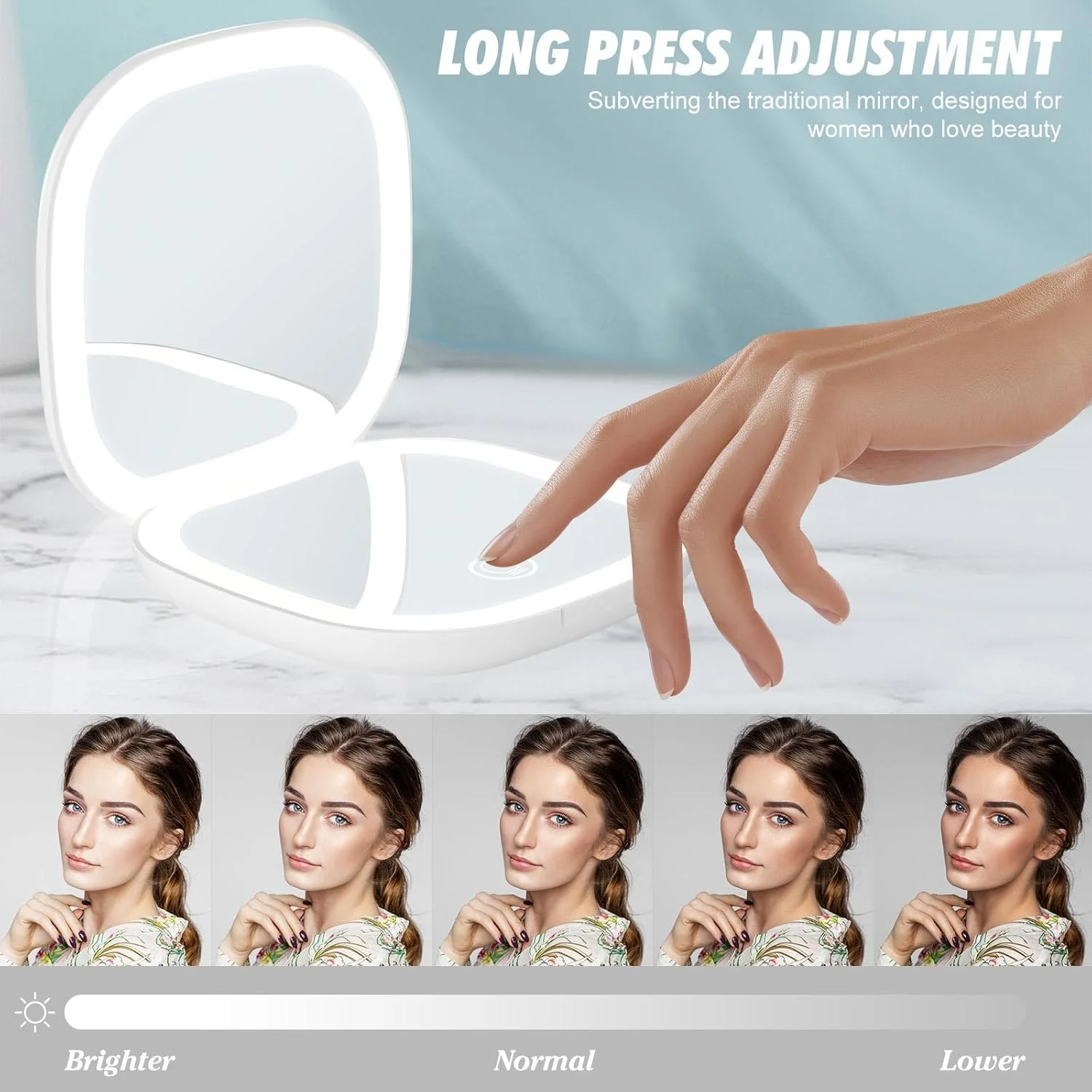 آینه آرایشی فشرده LED کوچک Molbory، آینه آرایشی با بزرگنمایی 1×/5×، آینه آرایشی قابل حمل با نورپردازی، آینه آرایشی شارژی، آینه مسافرتی تاشو برای دختران، حسگر لمسی