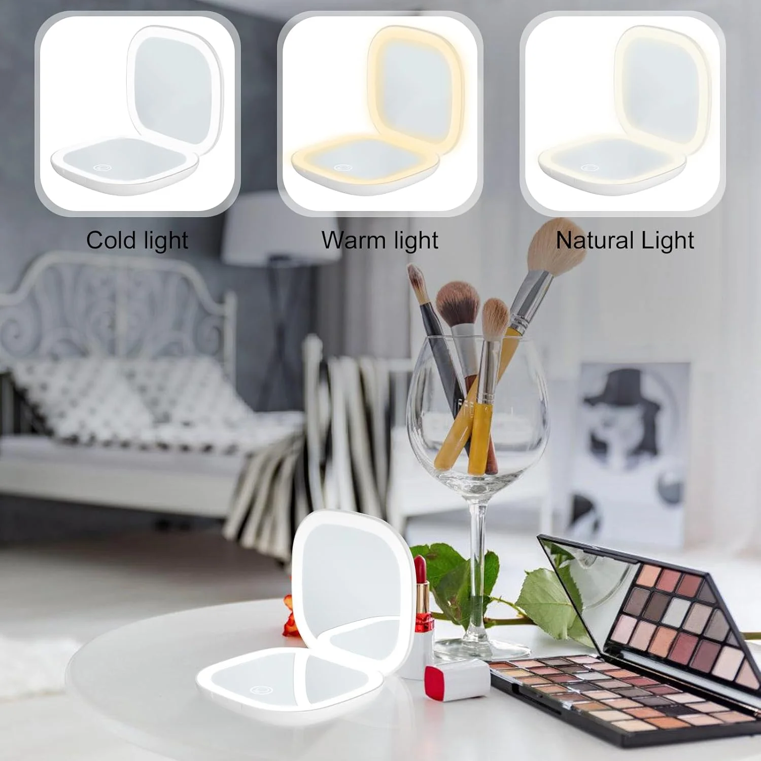 آینه آرایشی فشرده LED کوچک Molbory، آینه آرایشی با بزرگنمایی 1×/5×، آینه آرایشی قابل حمل با نورپردازی، آینه آرایشی شارژی، آینه مسافرتی تاشو برای دختران، حسگر لمسی