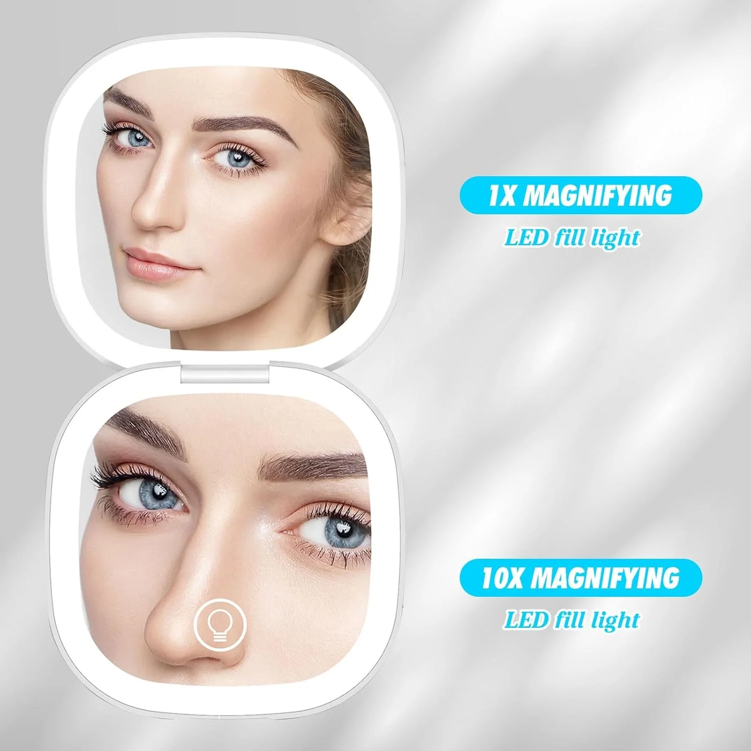 آینه آرایشی فشرده LED کوچک Molbory، آینه آرایشی با بزرگنمایی 1×/5×، آینه آرایشی قابل حمل با نورپردازی، آینه آرایشی شارژی، آینه مسافرتی تاشو برای دختران، حسگر لمسی