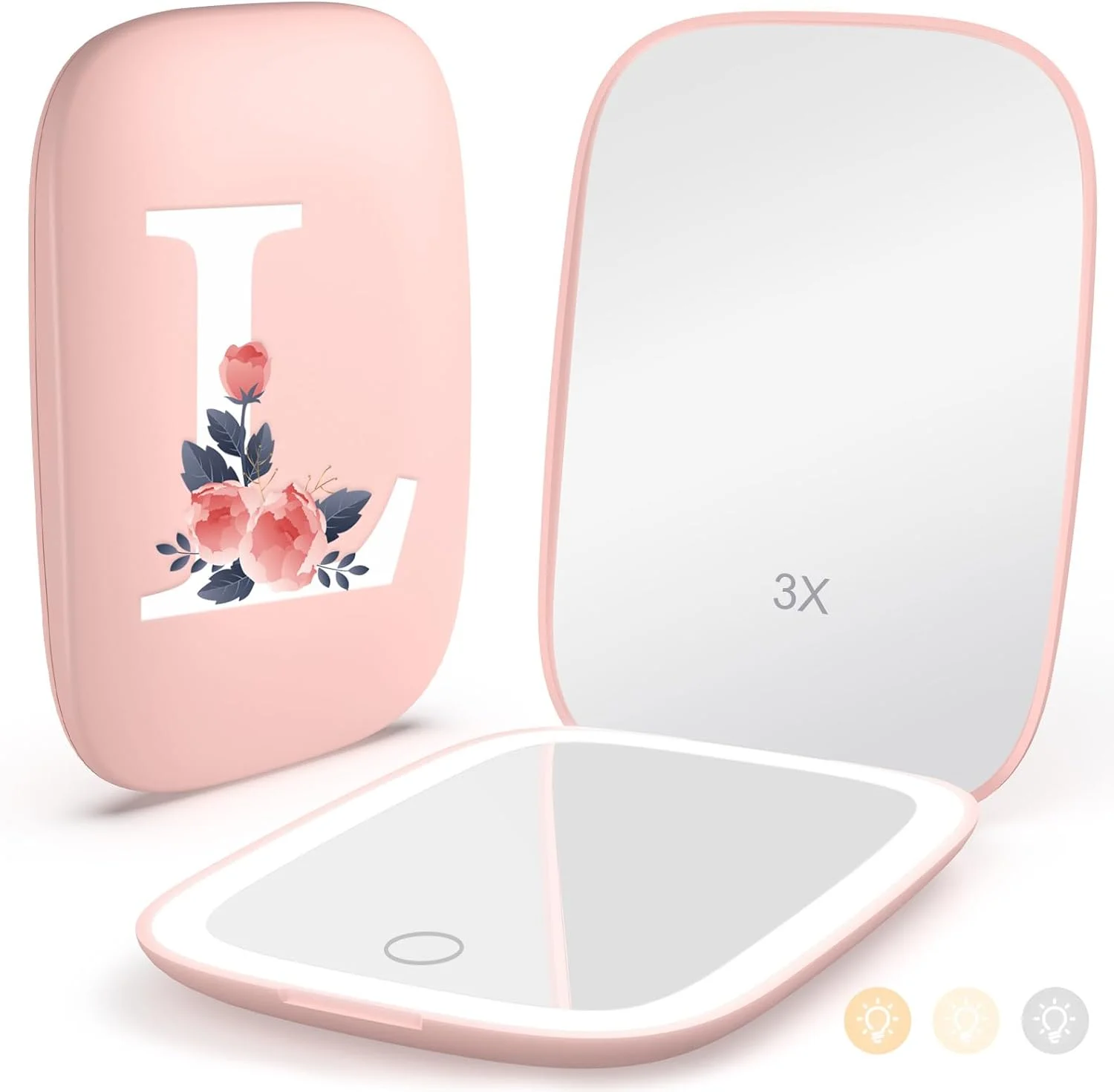 آینه مسافرتی شارژی Mopis با 3 رنگ نور و قابلیت خاموش شدن خودکار، آینه آرایشی کوچک LED فشرده 1X/3X برای کیف دستی، هدیه های ضروری مسافرتی برای دختران و زنان - حرف L آینه مسافرتی شارژی Mopis با 3 رنگ نور و قابلیت خاموش شدن خودکار، آینه آرایشی کوچک LED فشرده 1X/3X برای کیف دستی، هدیه های ضروری مسافرتی برای دختران و زنان - حرف L