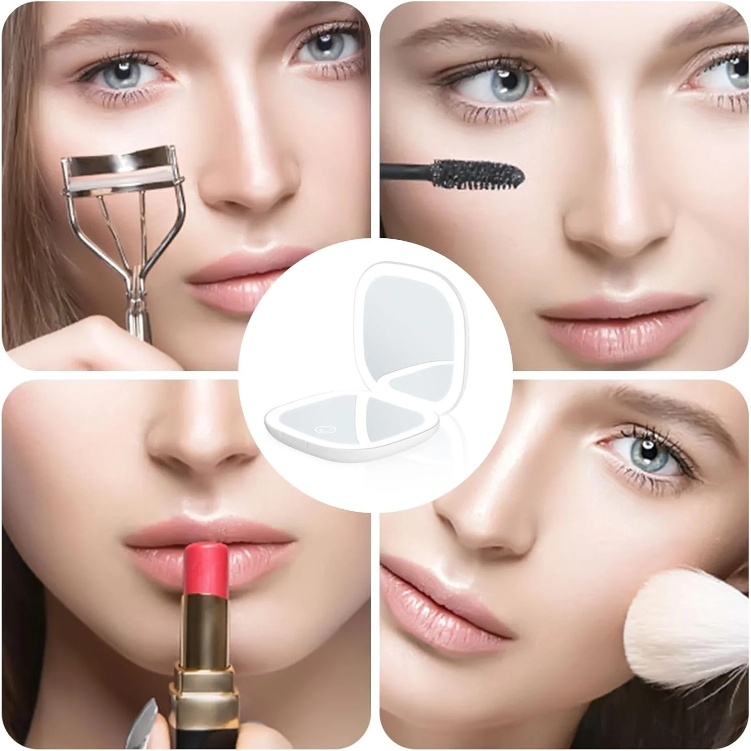 آینه آرایشی فشرده LED کوچک Molbory، آینه آرایشی با بزرگنمایی 1×/5×، آینه آرایشی قابل حمل با نورپردازی، آینه آرایشی شارژی، آینه مسافرتی تاشو برای دختران، حسگر لمسی