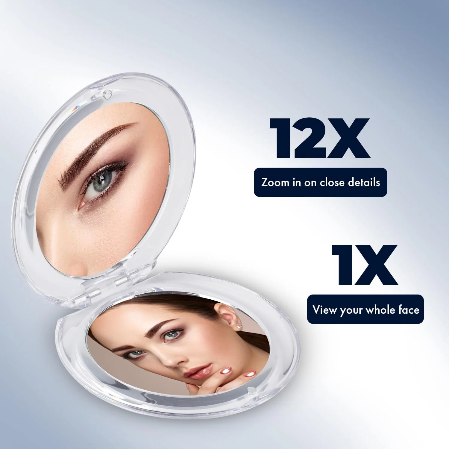 آینه آرایشی کوچک بزرگنمایی 12 برابری MIRRORVANA برای مسافرت - سبک وزن، دو طرفه 12X/1X، تاشو - آینه روشویی قابل حمل برای کیف دستی، کیف پول، جیب - گرد 3.3" x 3.3"