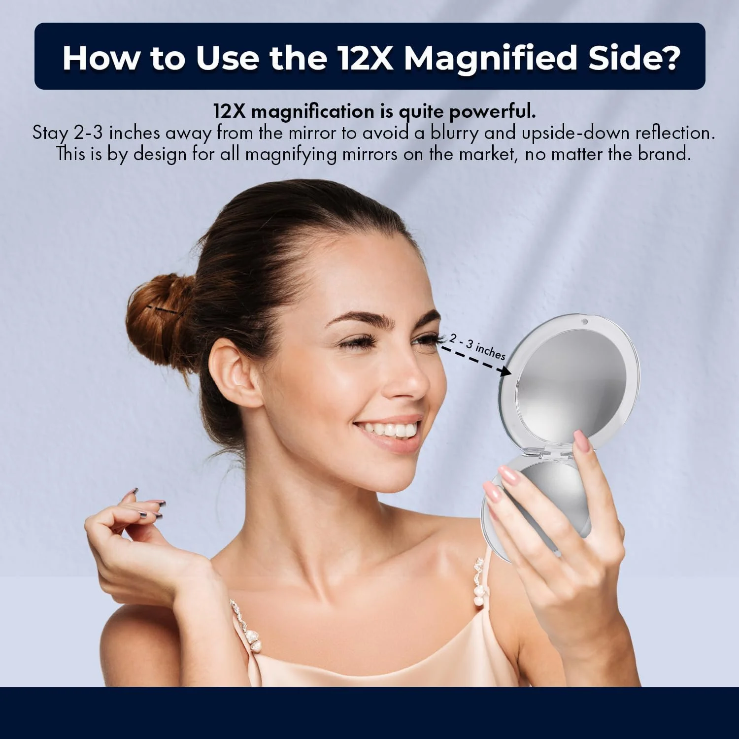 آینه آرایشی کوچک بزرگنمایی 12 برابری MIRRORVANA برای مسافرت - سبک وزن، دو طرفه 12X/1X، تاشو - آینه روشویی قابل حمل برای کیف دستی، کیف پول، جیب - گرد 3.3" x 3.3"