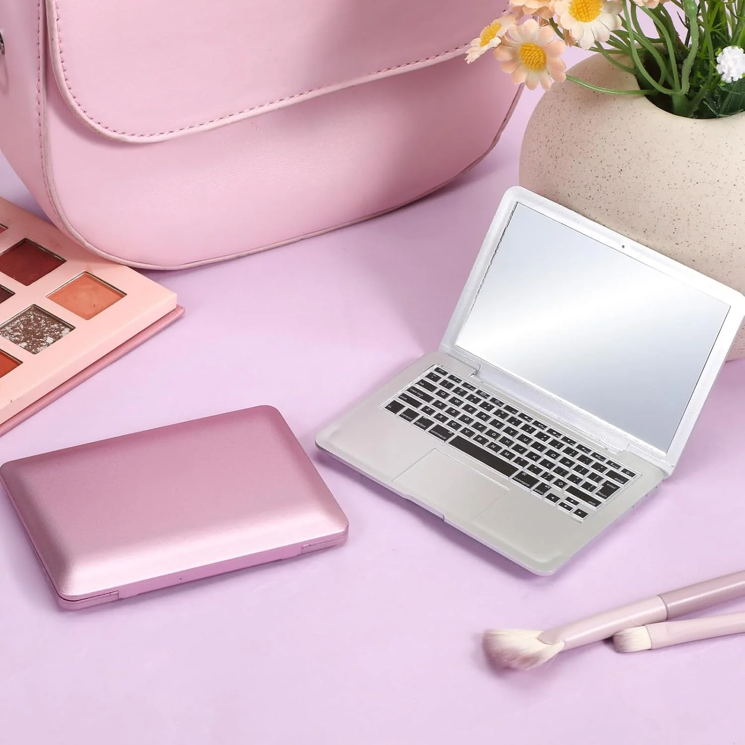 آینه لپ تاپی کوچک، 2 عدد آینه جیبی کوچک فشرده به شکل لپ تاپ، آینه های آرایشی تاشو کوچک قابل حمل برای مسافرت، دکوراسیون منزل، خانه عروسکی، حیوانات خانگی (نقره ای، رزگلد)