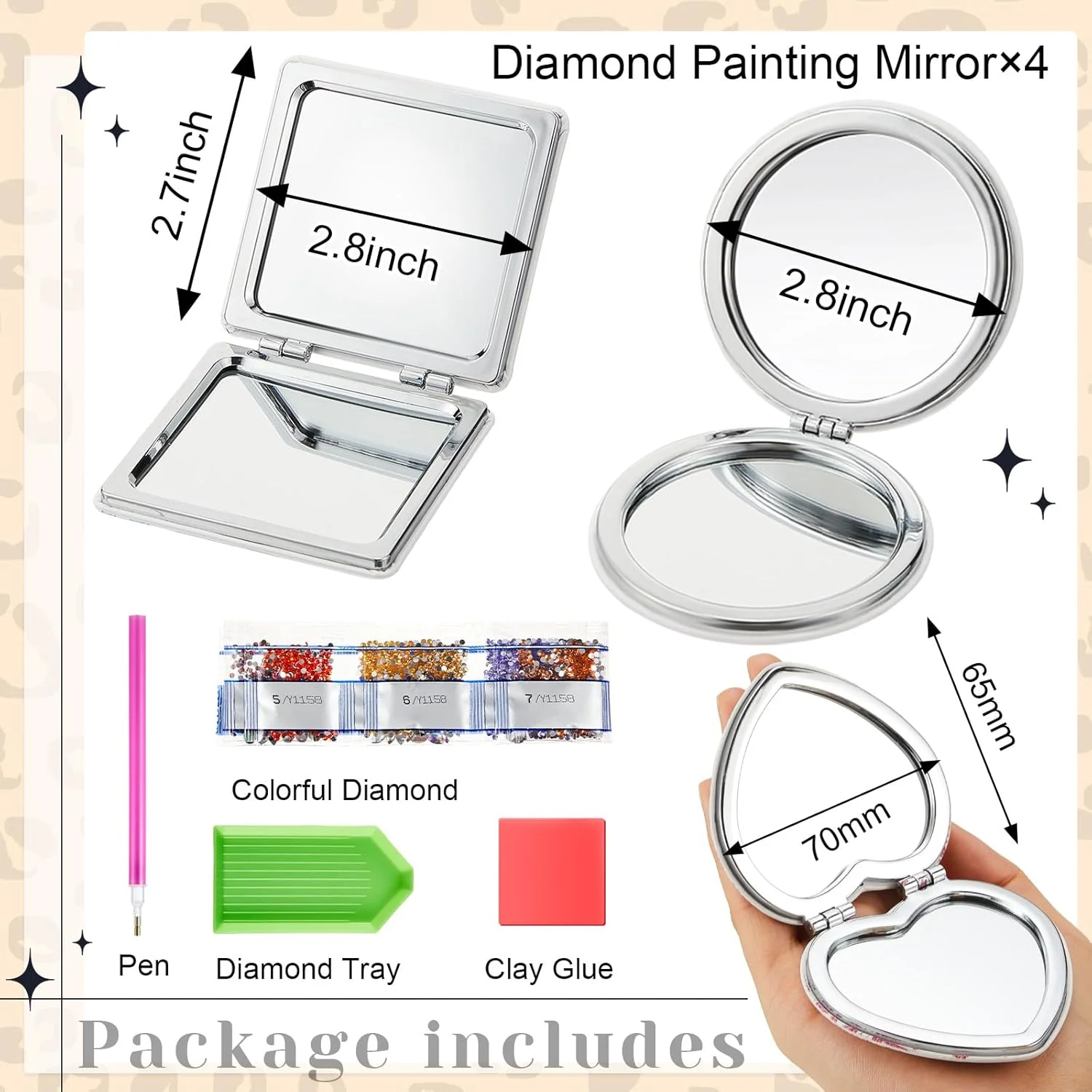 آینه جیبی تاشو الماس نقاشی مارسویی، 4 عدد، آینه آرایشی فشرده با پوشش الماس نقاشی، آینه تاشو ذره بینی قابل حمل، کیت هنری الماس برای زنان، دختران و کودکان (طرح پوست حیوانات)