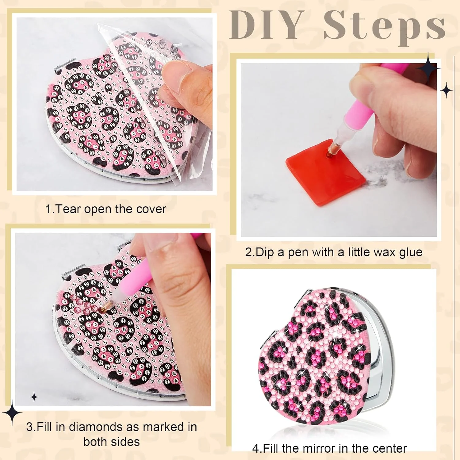 آینه جیبی تاشو الماس نقاشی مارسویی، 4 عدد، آینه آرایشی فشرده با پوشش الماس نقاشی، آینه تاشو ذره بینی قابل حمل، کیت هنری الماس برای زنان، دختران و کودکان (طرح پوست حیوانات)