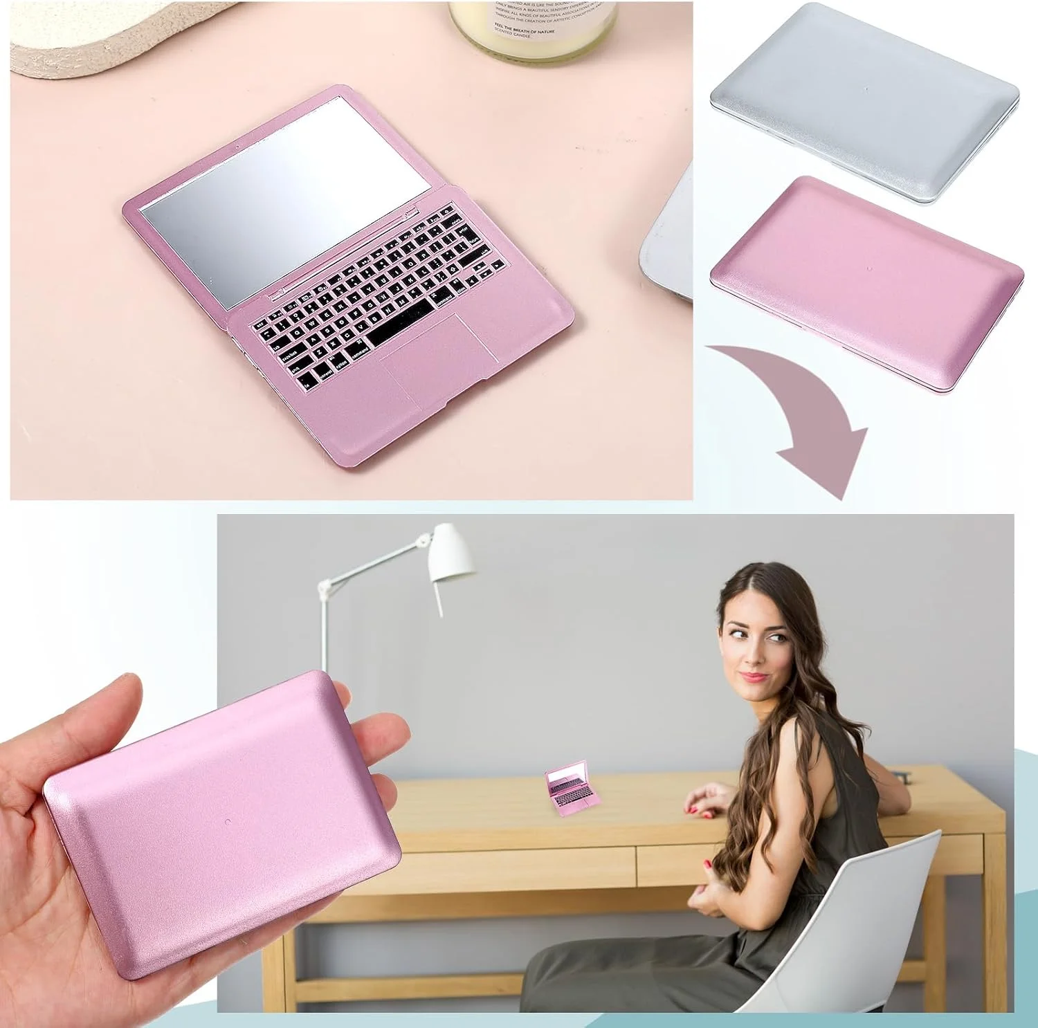 آینه لپ تاپی کوچک، 2 عدد آینه جیبی کوچک فشرده به شکل لپ تاپ، آینه های آرایشی تاشو کوچک قابل حمل برای مسافرت، دکوراسیون منزل، خانه عروسکی، حیوانات خانگی (نقره ای، رزگلد)