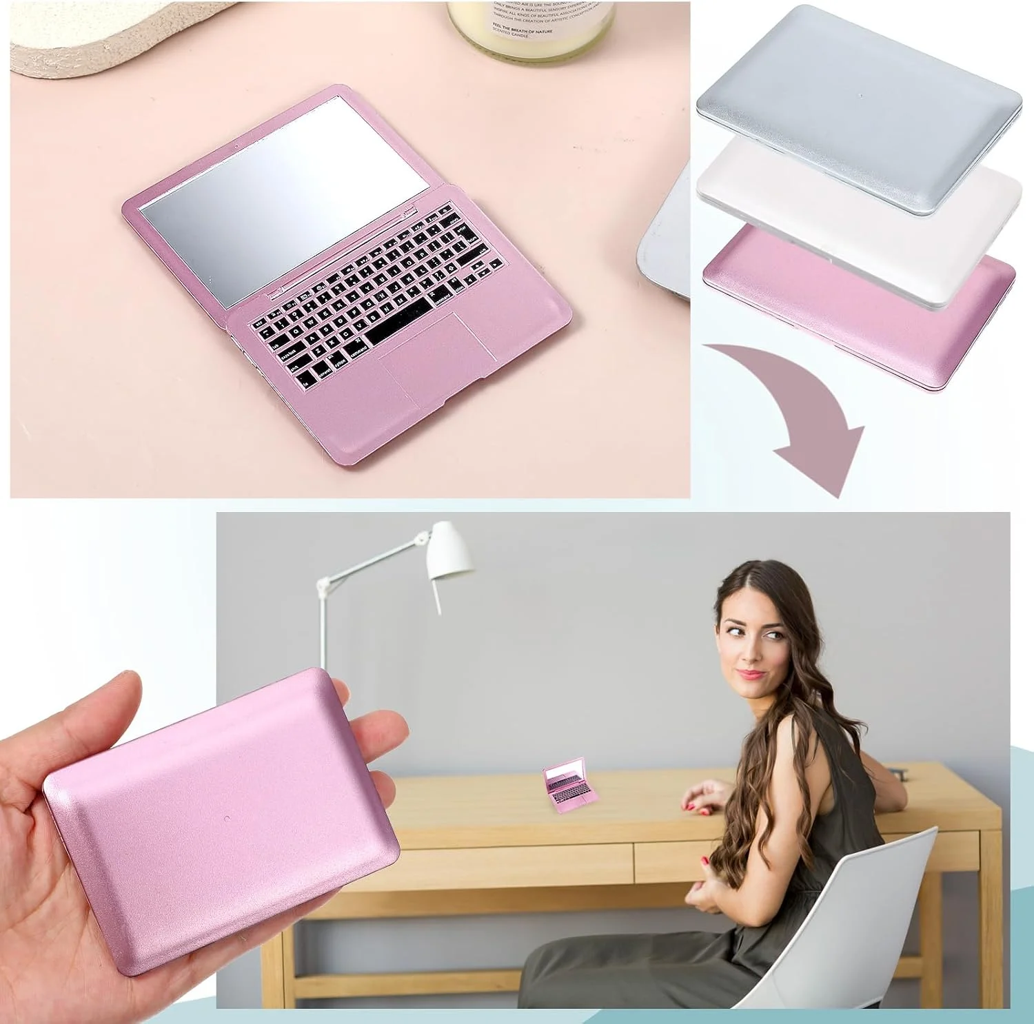 آینه لپ تاپ مینی، 3 عدد آینه آرایشی فشرده کوچک قابل حمل به شکل لپ تاپ، آینه های تاشو کوچک جیبی کامپیوتری برای آرایش منزل، مسافرت، دکوراسیون حیوانات خانگی (نقره ای، رزگلد، سفید)