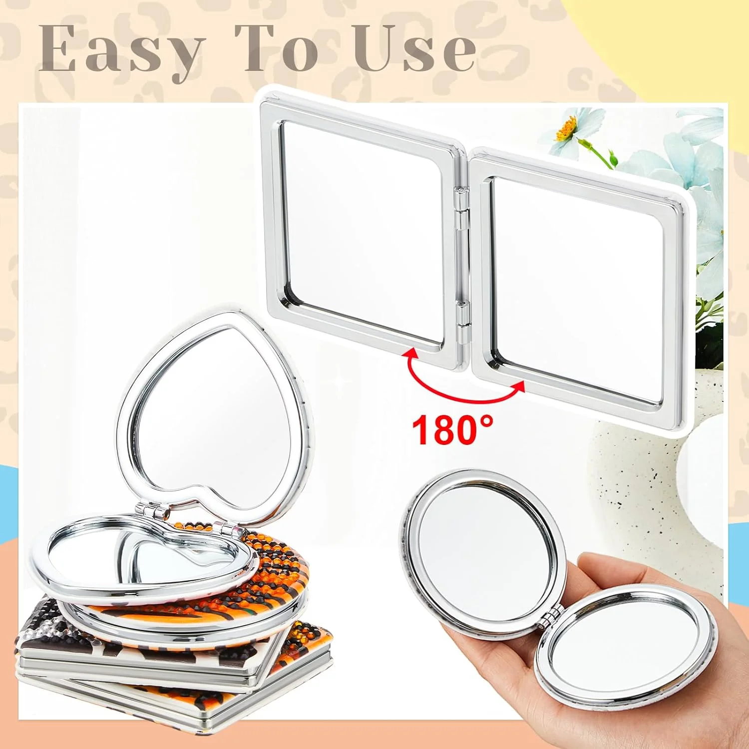 آینه جیبی تاشو الماس نقاشی مارسویی، 4 عدد، آینه آرایشی فشرده با پوشش الماس نقاشی، آینه تاشو ذره بینی قابل حمل، کیت هنری الماس برای زنان، دختران و کودکان (طرح پوست حیوانات)