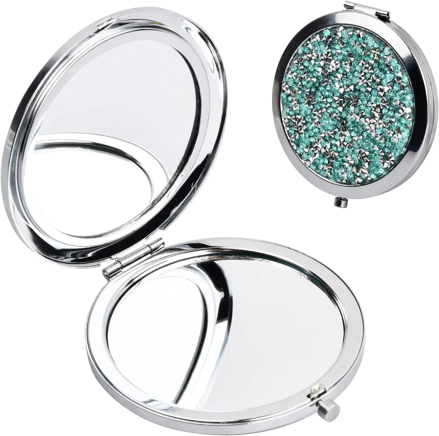 آینه جیبی 7 سانتی متری KYSUN، آینه جیبی قابل حمل، آینه دستی گرد قابل حمل، آینه آرایشی کوچک 1X/2X، آینه آرایشی تاشو و دو طرفه برای زنان و دختران، الماس سبز