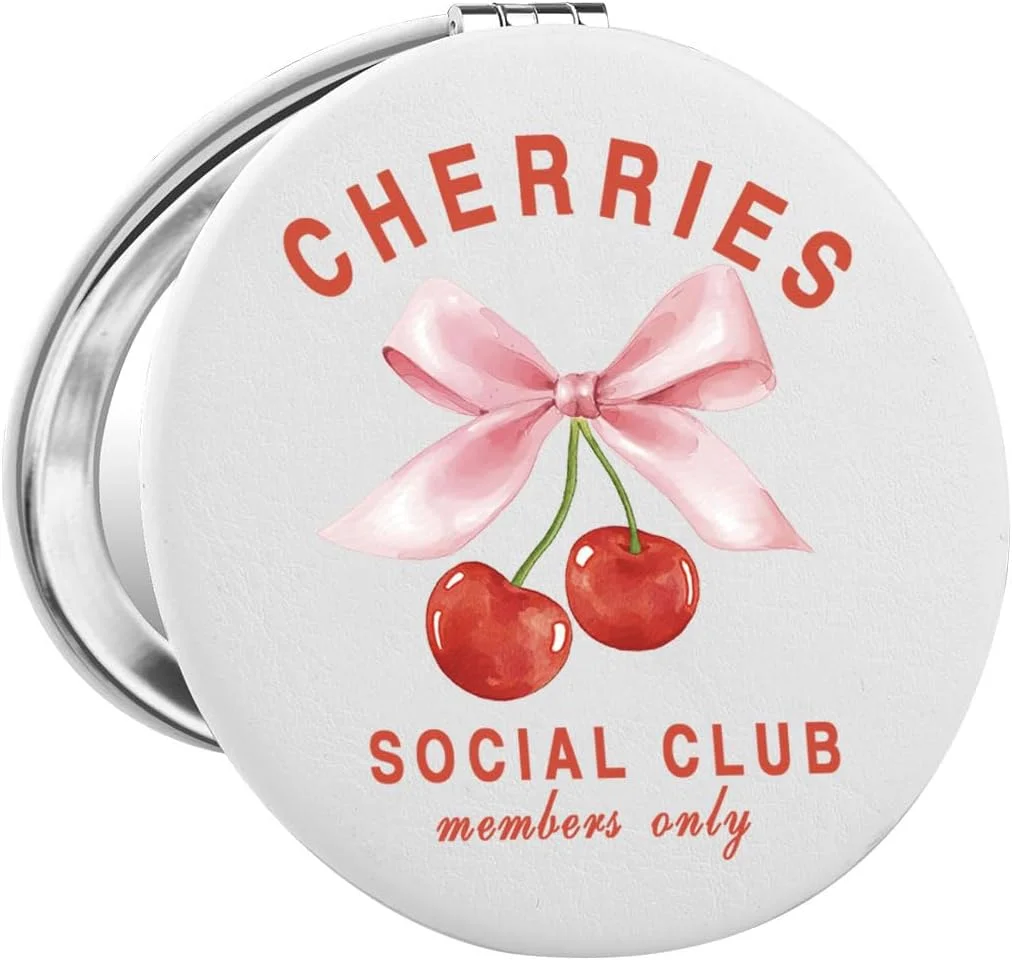 آینه جیبی جمع و جور گیلاسی کوکت، هدیه دخترانه، هدیه دوران سافت گرل، هدیه پاپیون صورتی، هدیه روبان، آینه جیبی مخصوص اعضای باشگاه گیلاس (CherriesMirror)