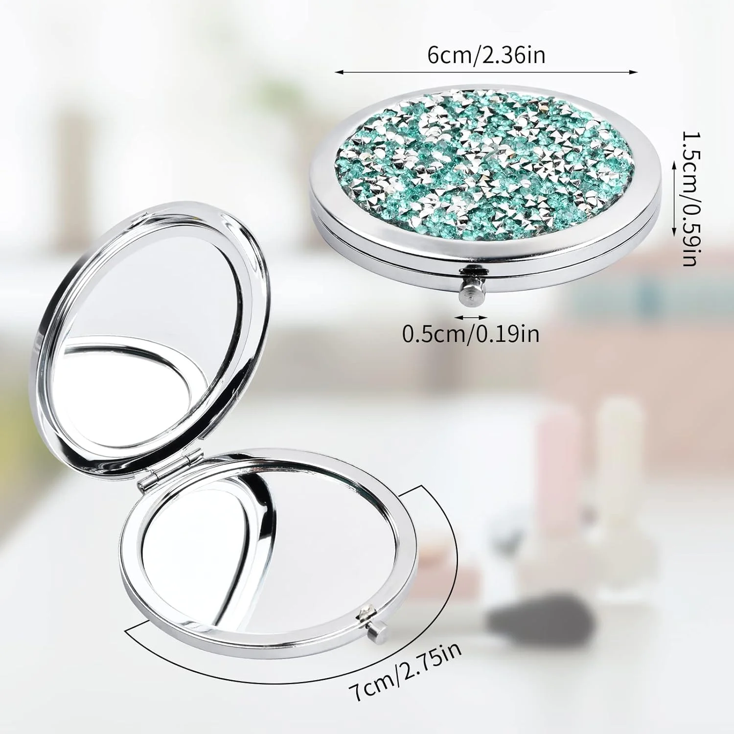 آینه جیبی 7 سانتی متری KYSUN، آینه جیبی قابل حمل، آینه دستی گرد قابل حمل، آینه آرایشی کوچک 1X/2X، آینه آرایشی تاشو و دو طرفه برای زنان و دختران، الماس سبز