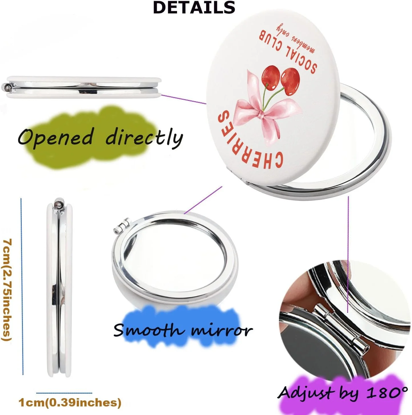 آینه جیبی جمع و جور گیلاسی کوکت، هدیه دخترانه، هدیه دوران سافت گرل، هدیه پاپیون صورتی، هدیه روبان، آینه جیبی مخصوص اعضای باشگاه گیلاس (CherriesMirror)