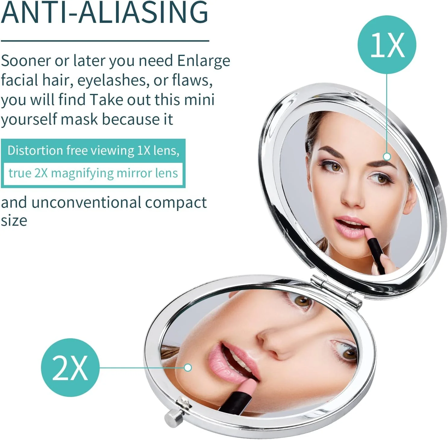 آینه جیبی 7 سانتی متری KYSUN، آینه جیبی قابل حمل، آینه دستی گرد قابل حمل، آینه آرایشی کوچک 1X/2X، آینه آرایشی تاشو و دو طرفه برای زنان و دختران، الماس سبز