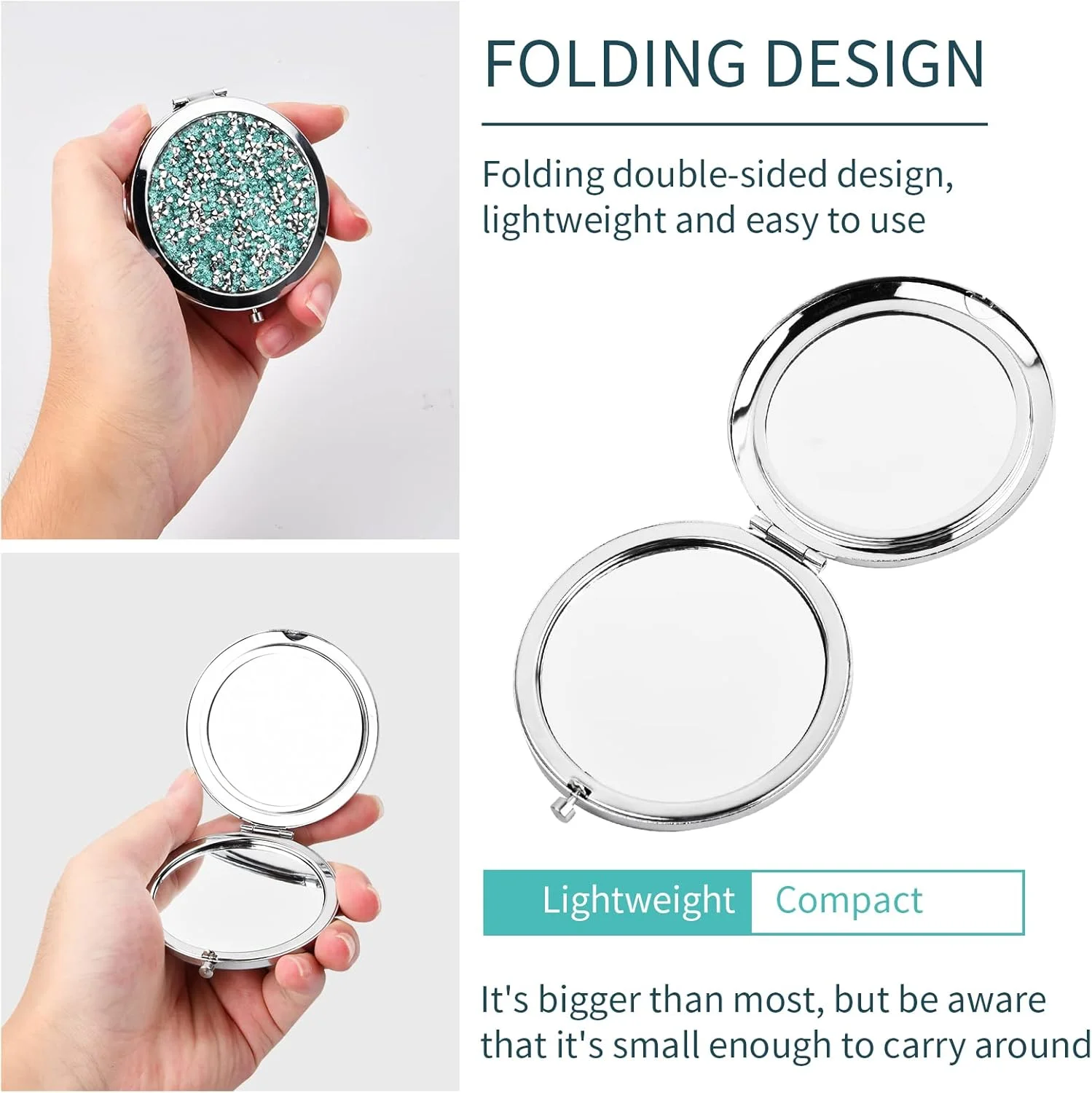 آینه جیبی 7 سانتی متری KYSUN، آینه جیبی قابل حمل، آینه دستی گرد قابل حمل، آینه آرایشی کوچک 1X/2X، آینه آرایشی تاشو و دو طرفه برای زنان و دختران، الماس سبز