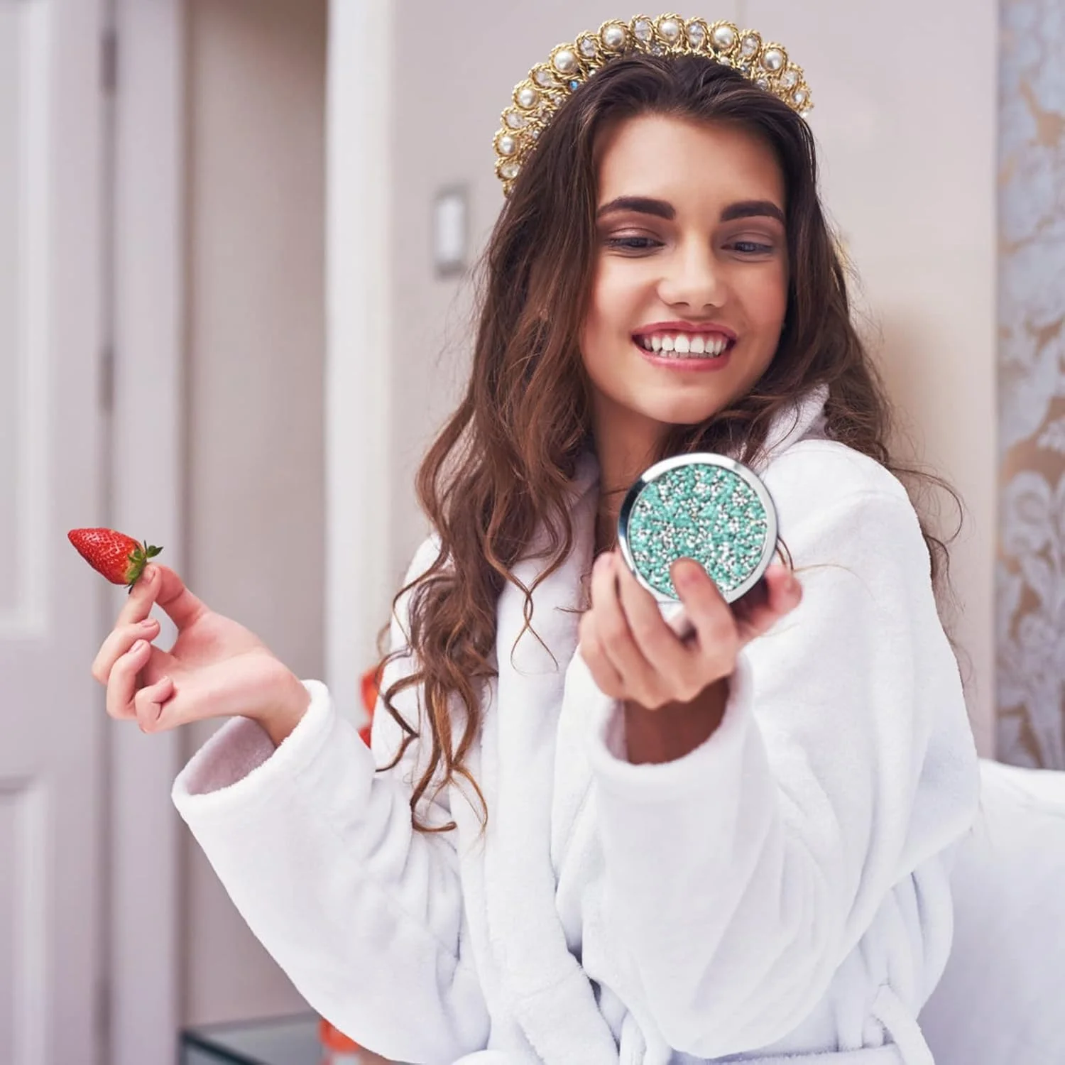 آینه جیبی 7 سانتی متری KYSUN، آینه جیبی قابل حمل، آینه دستی گرد قابل حمل، آینه آرایشی کوچک 1X/2X، آینه آرایشی تاشو و دو طرفه برای زنان و دختران، الماس سبز