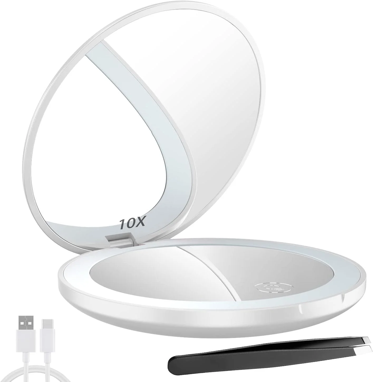 آینه جیبی LED فشرده Kilobey، بزرگنمایی 1x/10x، آینه مسافرتی تاشو دو طرفه گرد، آینه آرایشی کوچک 3.5 اینچی. قابل حمل برای کیف پول، دستی (سفید 1 عددی)
