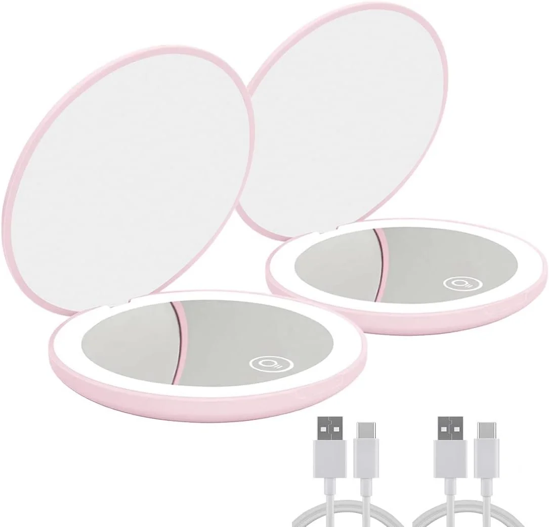 آینه آرایشی کیفی Kilobey با نور LED، آینه مسافرتی روشن با بزرگنمایی 1x/10x، آینه جیبی قابل شارژ، آینه گرد تاشو دو طرفه 3.5 اینچی برای کیف دستی، (2 عددی)