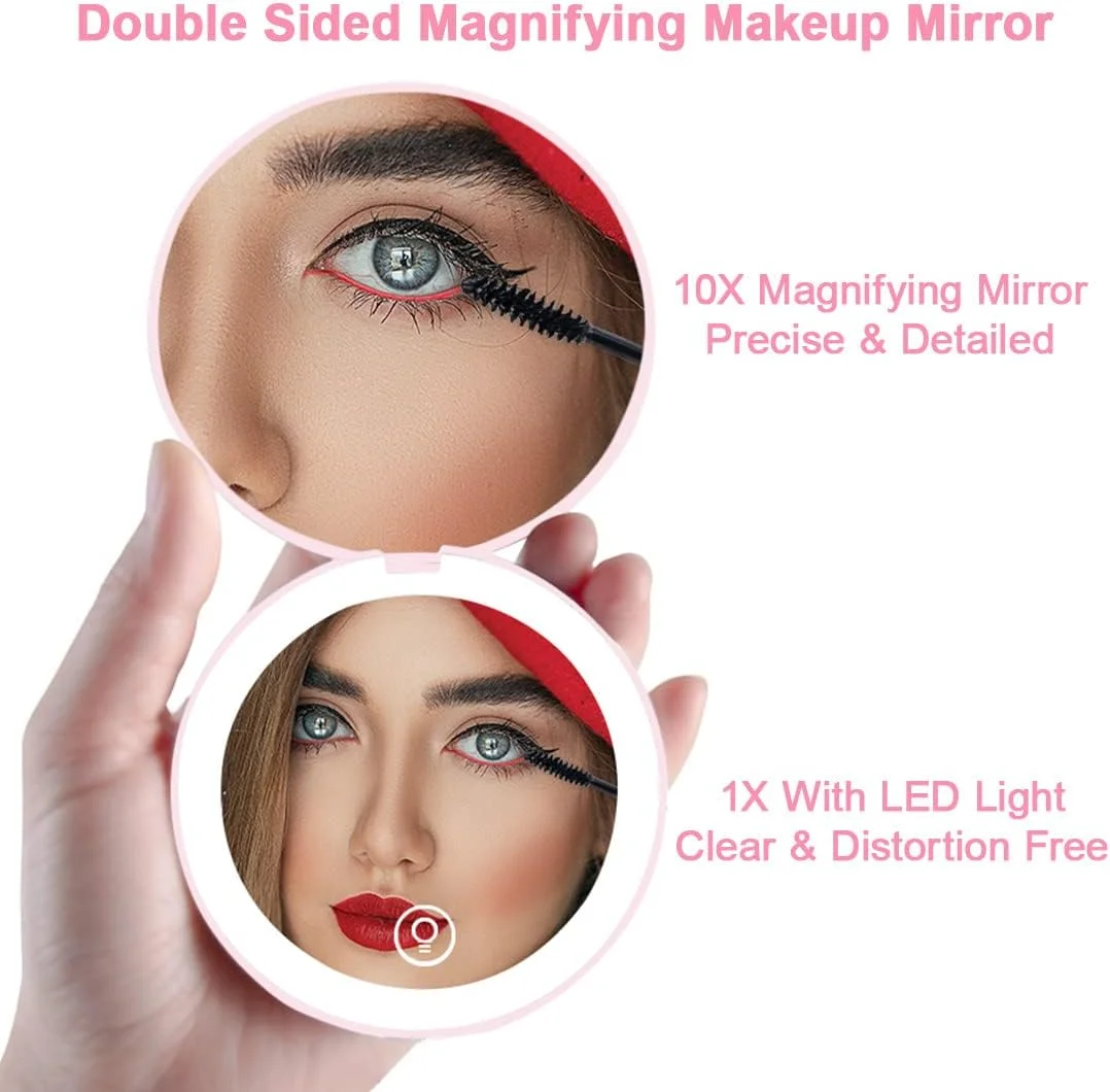 آینه آرایشی کیفی Kilobey با نور LED، آینه مسافرتی روشن با بزرگنمایی 1x/10x، آینه جیبی قابل شارژ، آینه گرد تاشو دو طرفه 3.5 اینچی برای کیف دستی، (2 عددی)