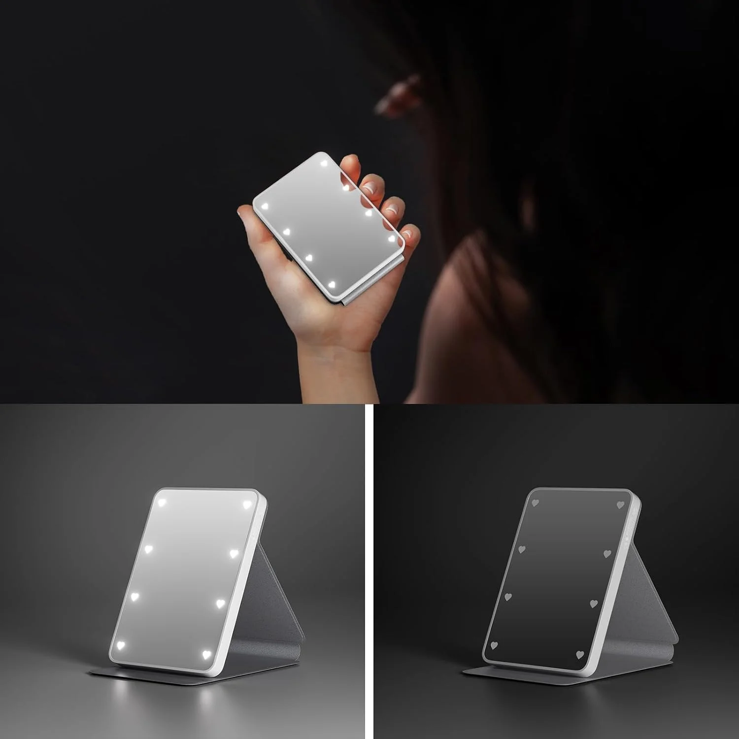 آینه جیبی Kintion، آینه جمع و جور با قابلیت چرخش 360 درجه و نور، دارای نورپردازی 3 رنگی قابل تنظیم، مشکی