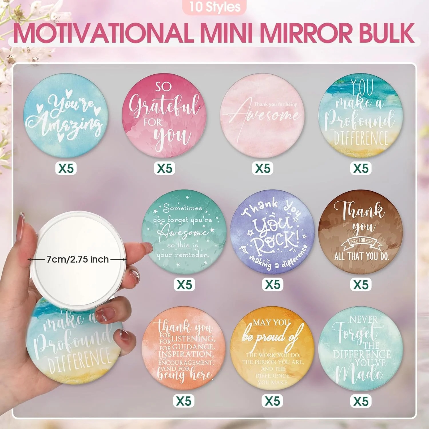 آینه های جیبی انگیزشی کیگلی، بسته 50 عددی، هدیه ای مناسب برای قدردانی از کارمندان، آینه گرد کوچک آرایشی قابل حمل برای زنان، مناسب همکاران، منشی ها، معلمان، پرستاران و دانش آموزان (رنگارنگ)