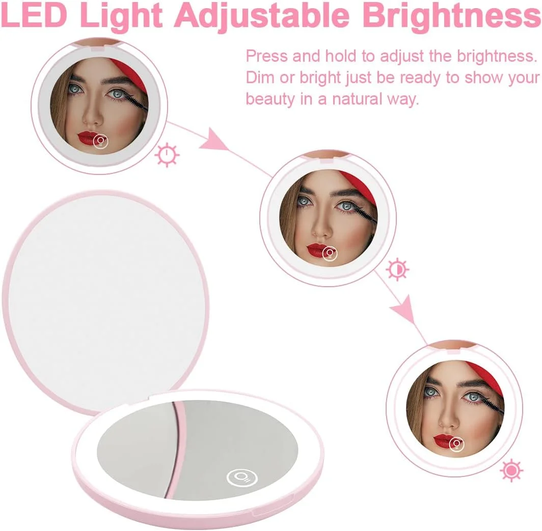 آینه آرایشی کیفی Kilobey با نور LED، آینه مسافرتی روشن با بزرگنمایی 1x/10x، آینه جیبی قابل شارژ، آینه گرد تاشو دو طرفه 3.5 اینچی برای کیف دستی، (2 عددی)