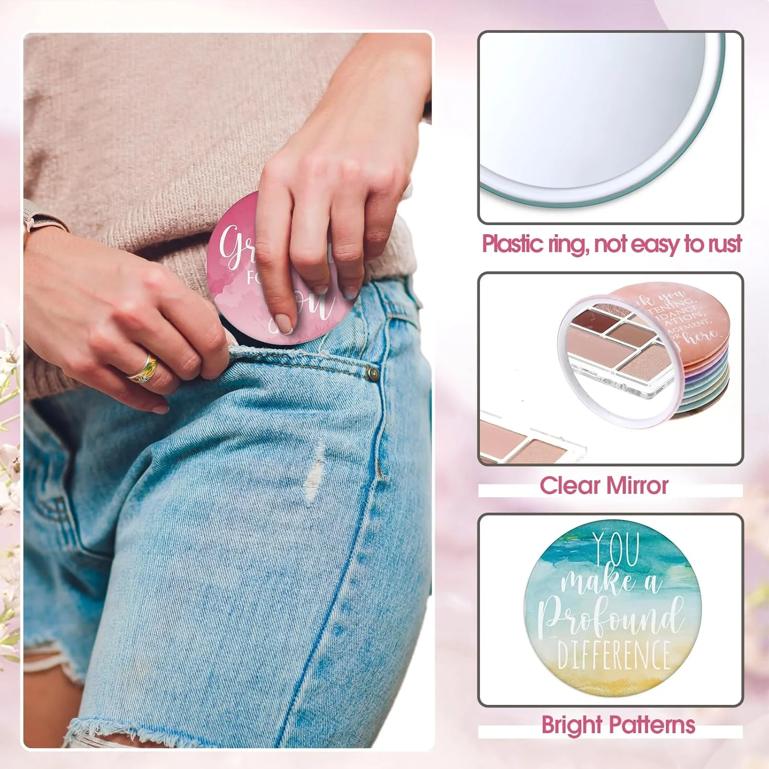 آینه های جیبی انگیزشی کیگلی، بسته 50 عددی، هدیه ای مناسب برای قدردانی از کارمندان، آینه گرد کوچک آرایشی قابل حمل برای زنان، مناسب همکاران، منشی ها، معلمان، پرستاران و دانش آموزان (رنگارنگ)