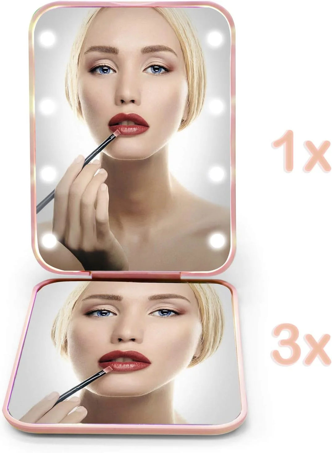 Kintion - آینه جیبی، آینه آرایشی LED، بزرگنمایی 1X/3X، آینه جمع و جور با نور، آینه جیبی، آینه دستی تاشو، آینه جمع و جور با نور برای هدیه، صورتی