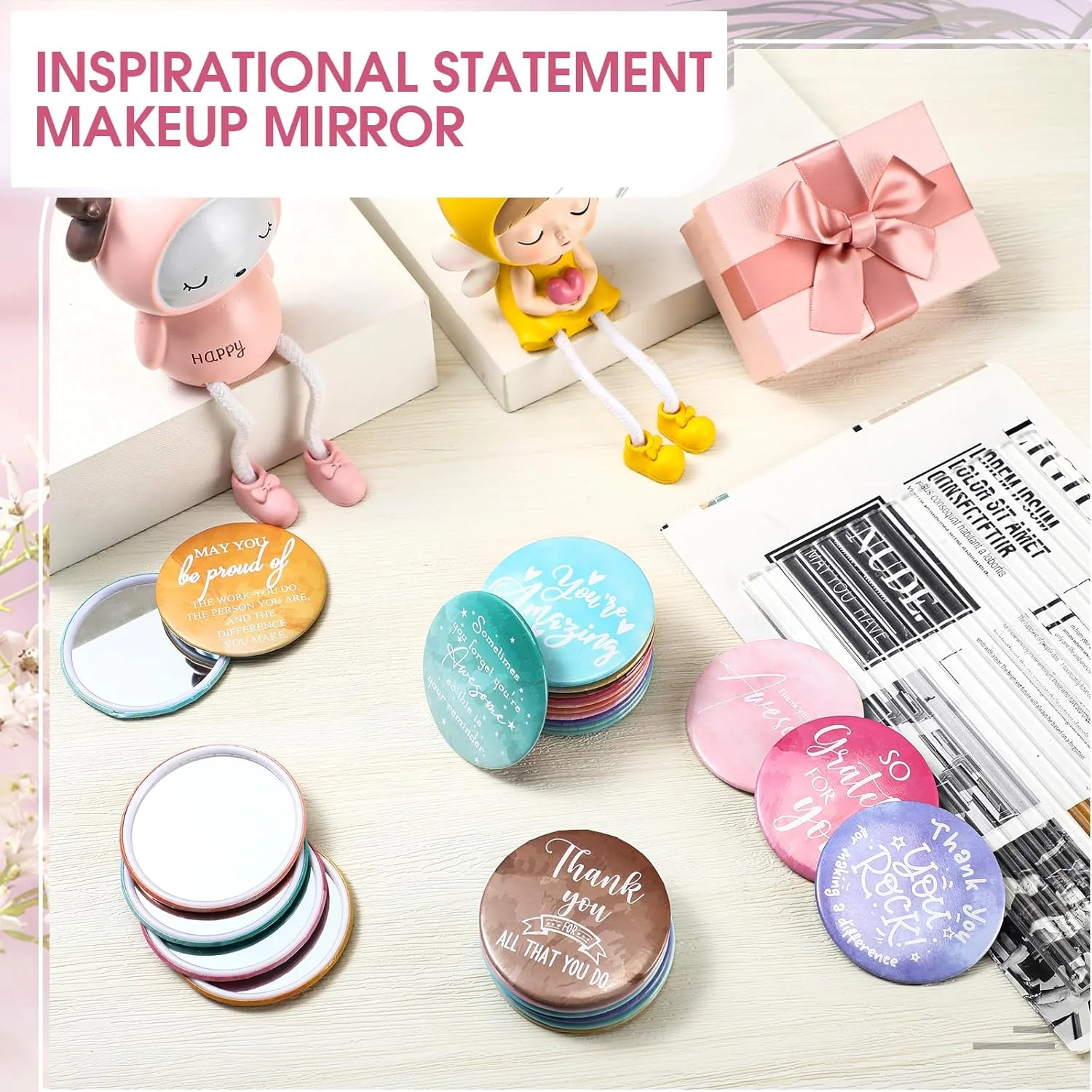 آینه های جیبی انگیزشی کیگلی، بسته 50 عددی، هدیه ای مناسب برای قدردانی از کارمندان، آینه گرد کوچک آرایشی قابل حمل برای زنان، مناسب همکاران، منشی ها، معلمان، پرستاران و دانش آموزان (رنگارنگ)