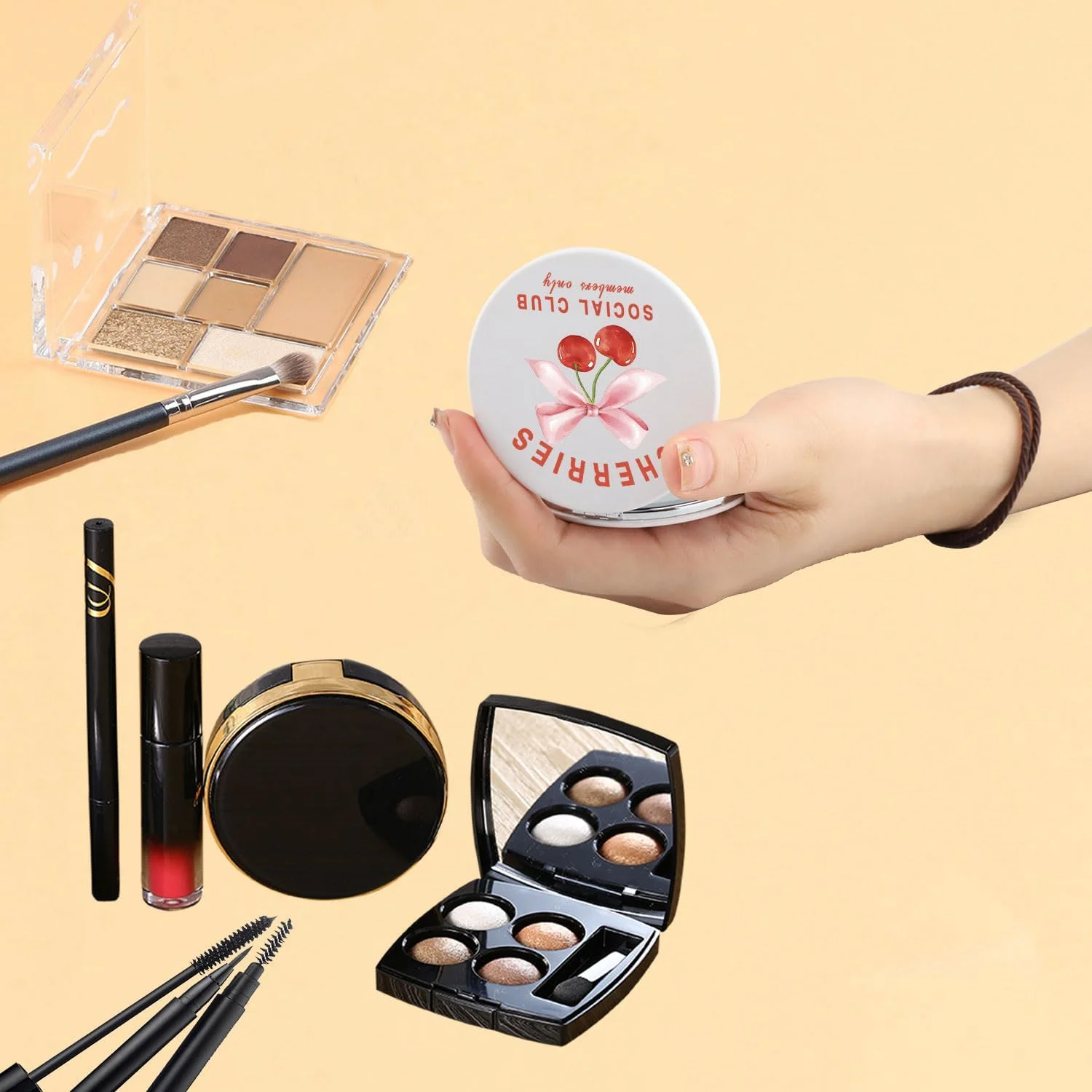 آینه جیبی جمع و جور گیلاسی کوکت، هدیه دخترانه، هدیه دوران سافت گرل، هدیه پاپیون صورتی، هدیه روبان، آینه جیبی مخصوص اعضای باشگاه گیلاس (CherriesMirror)