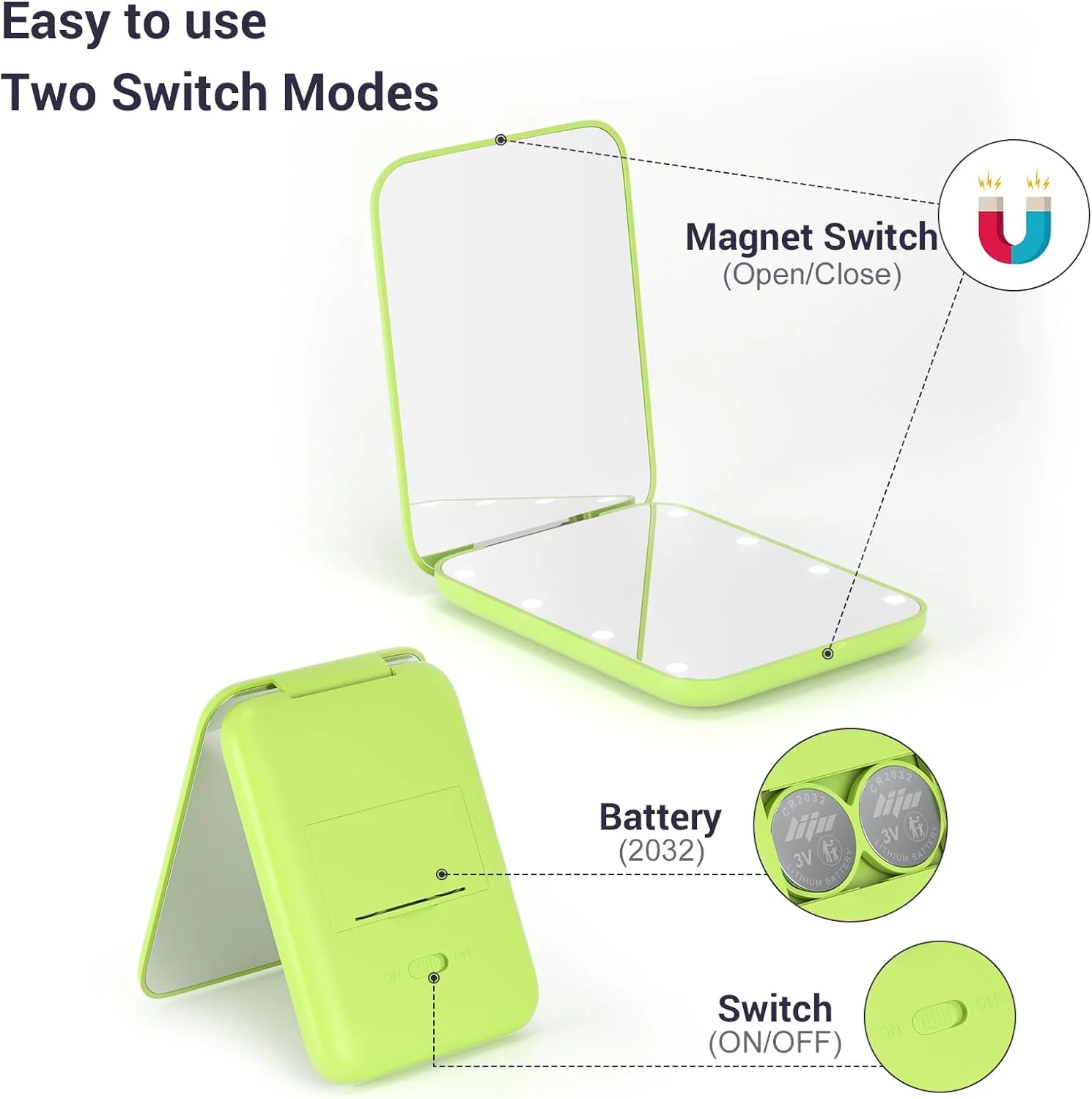 آینه جیبی Kintion، آینه آرایشی مسافرتی فشرده LED با بزرگنمایی 1X/3X و نور، سبز روشن