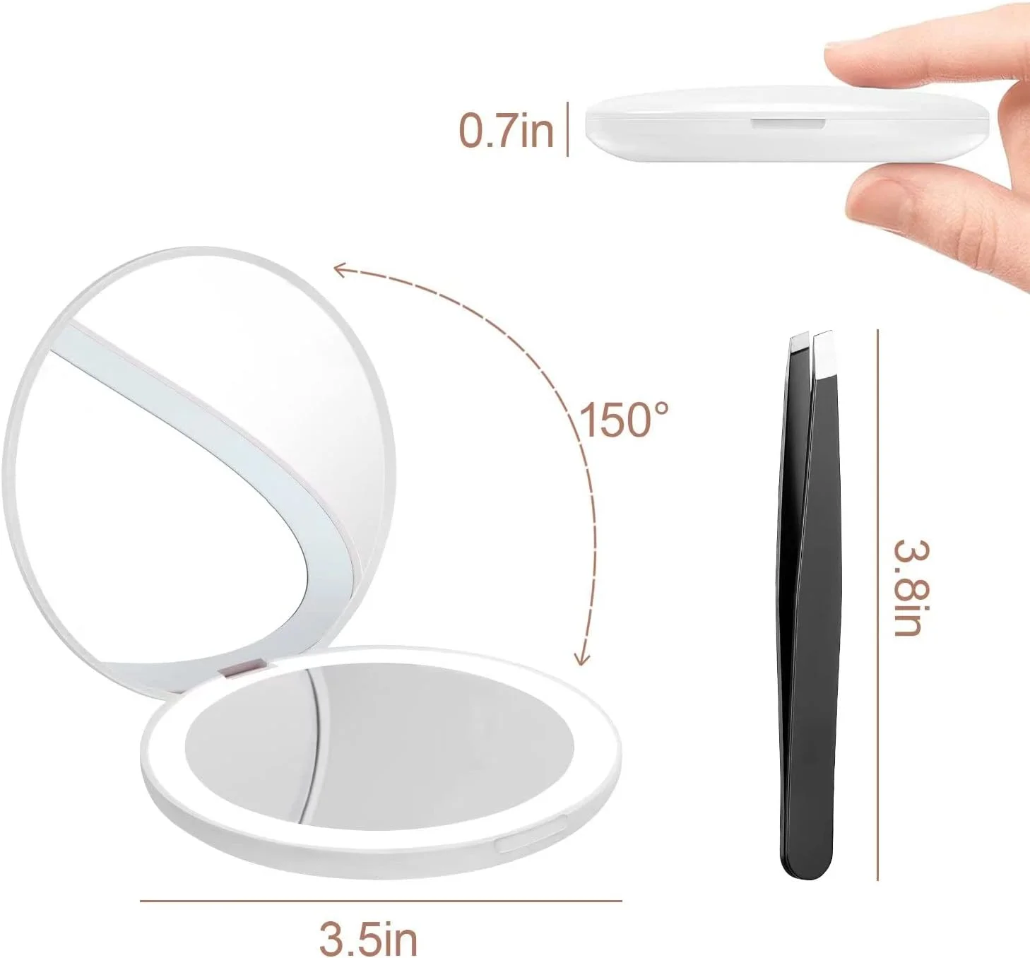 آینه جیبی LED فشرده Kilobey، بزرگنمایی 1x/10x، آینه مسافرتی تاشو دو طرفه گرد، آینه آرایشی کوچک 3.5 اینچی. قابل حمل برای کیف پول، دستی (سفید 1 عددی)